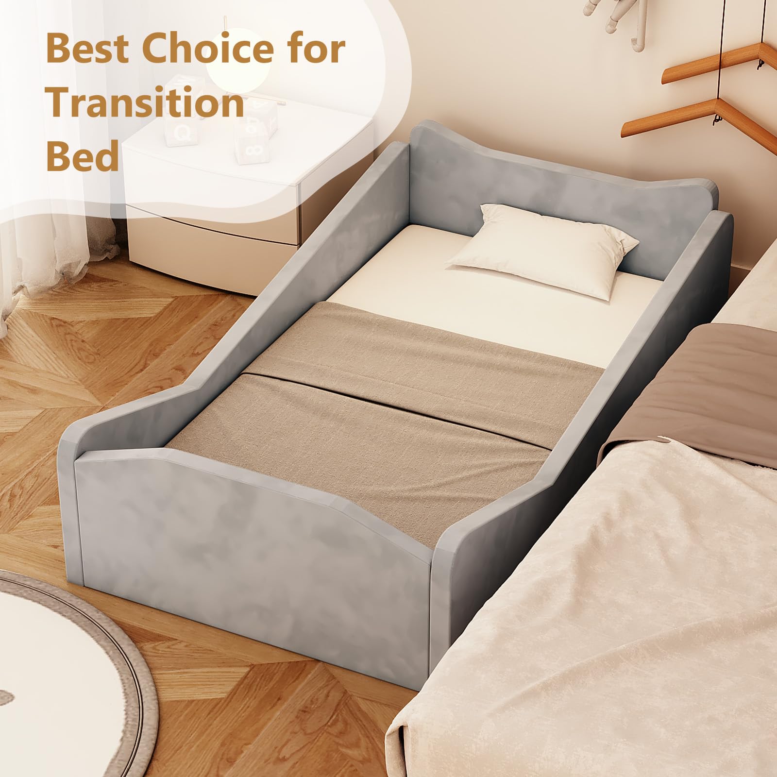 JOYMOR Toddler Bed Kids Floor Bed Frame with Guard Rails