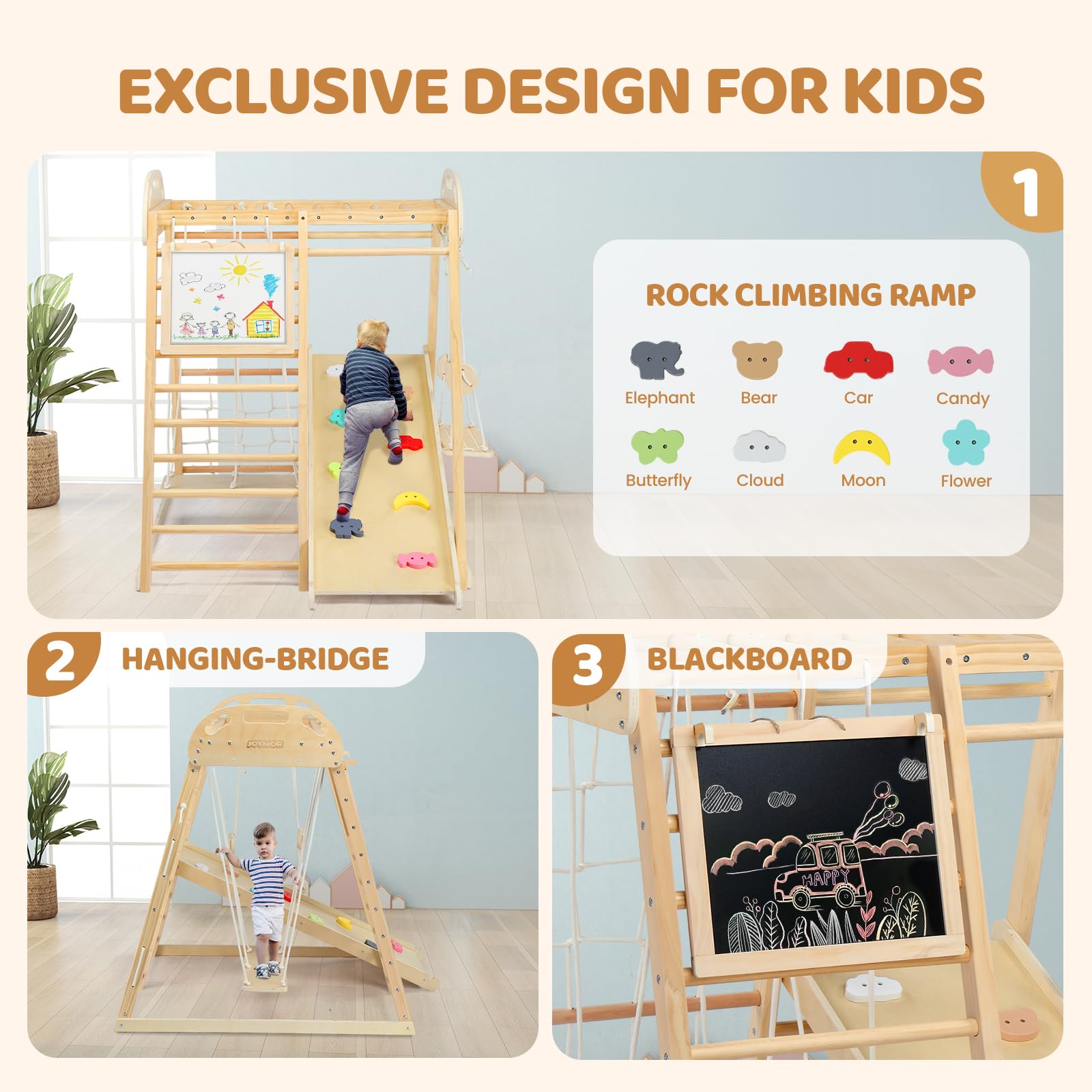 JOYMOR Kids Wooden 8-in-1 Indoor Jungle Gym