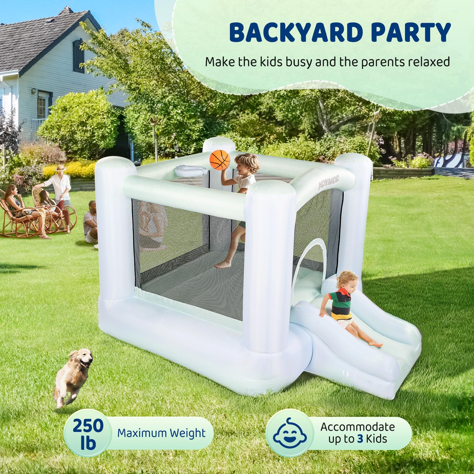 JOYMOR Inflatable Bounce Slide Castle House with Blower – Indoor & Outdoor Playhouse