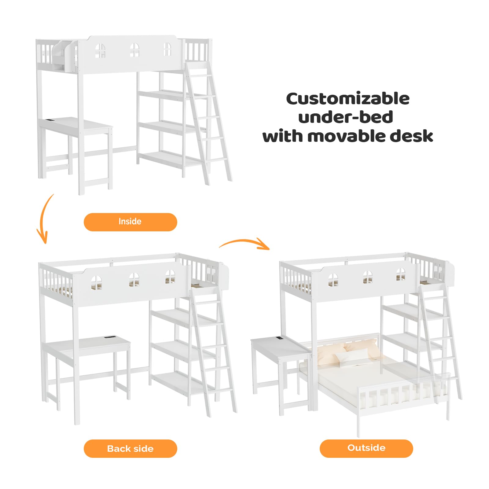 JOYMOR Wood Loft Bed with Desk Twin Size Bed Frame
