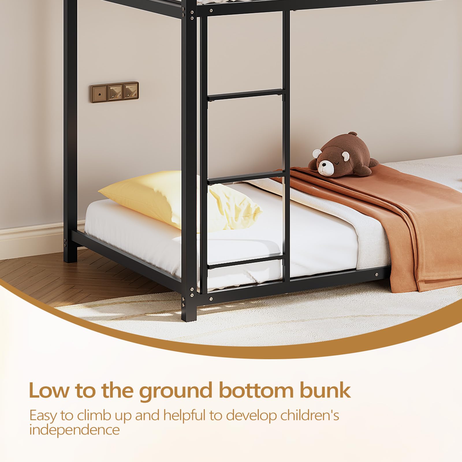 JOYMOR Metal Low Bunk Bed Twin Over Twin Bed Frame