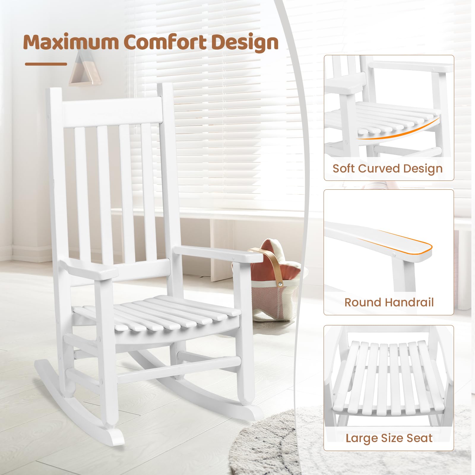 JOYMOR Wooden Rocking Chair with High Backrest Outdoor Toddler  Porch Rocker