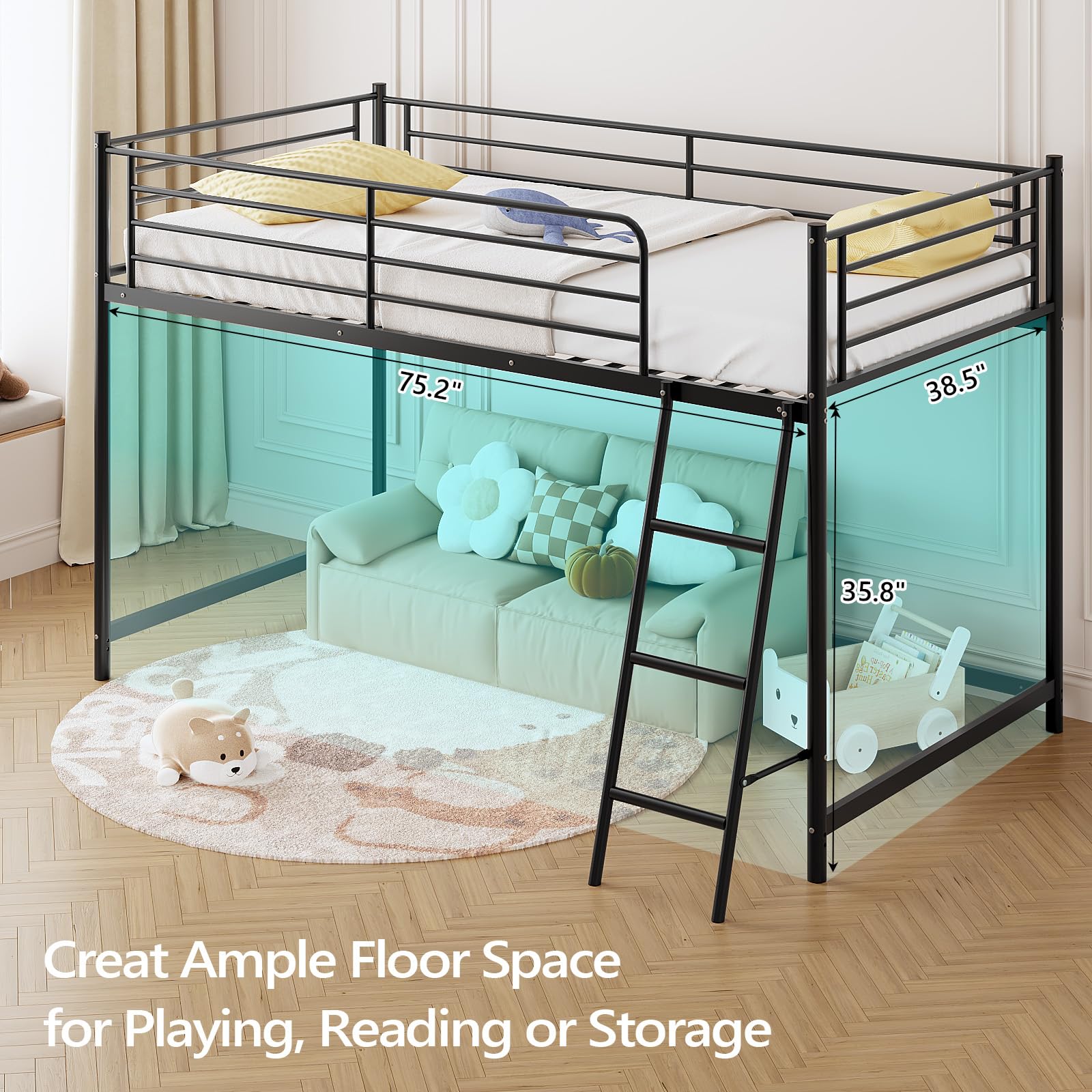 JOYMOR Low Loft Bed Metal Twin Size Bed Frame with Guardrail