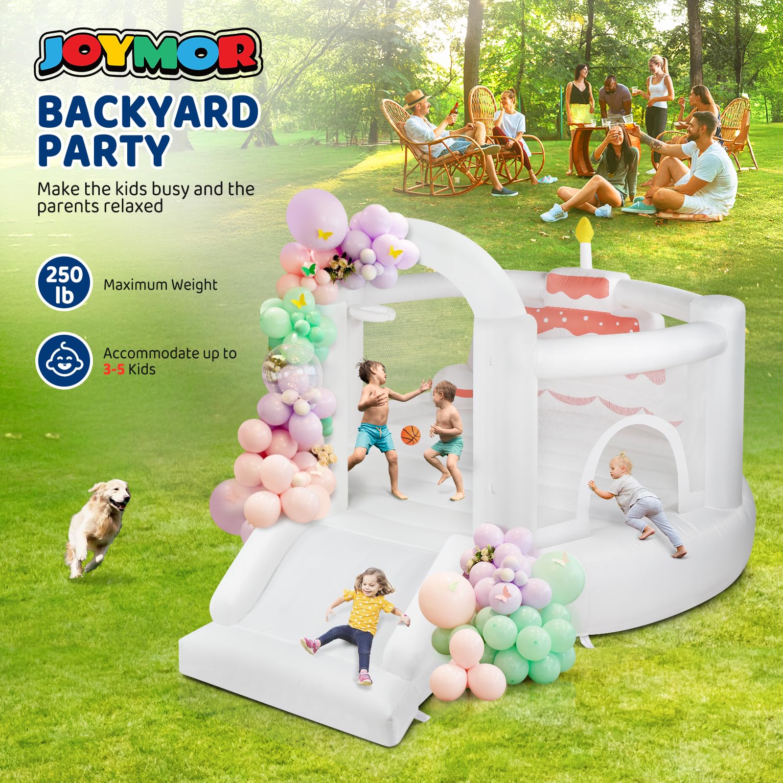 JOYMOR 4-in-1 White Inflatable Bounce House with Slide & Balloons