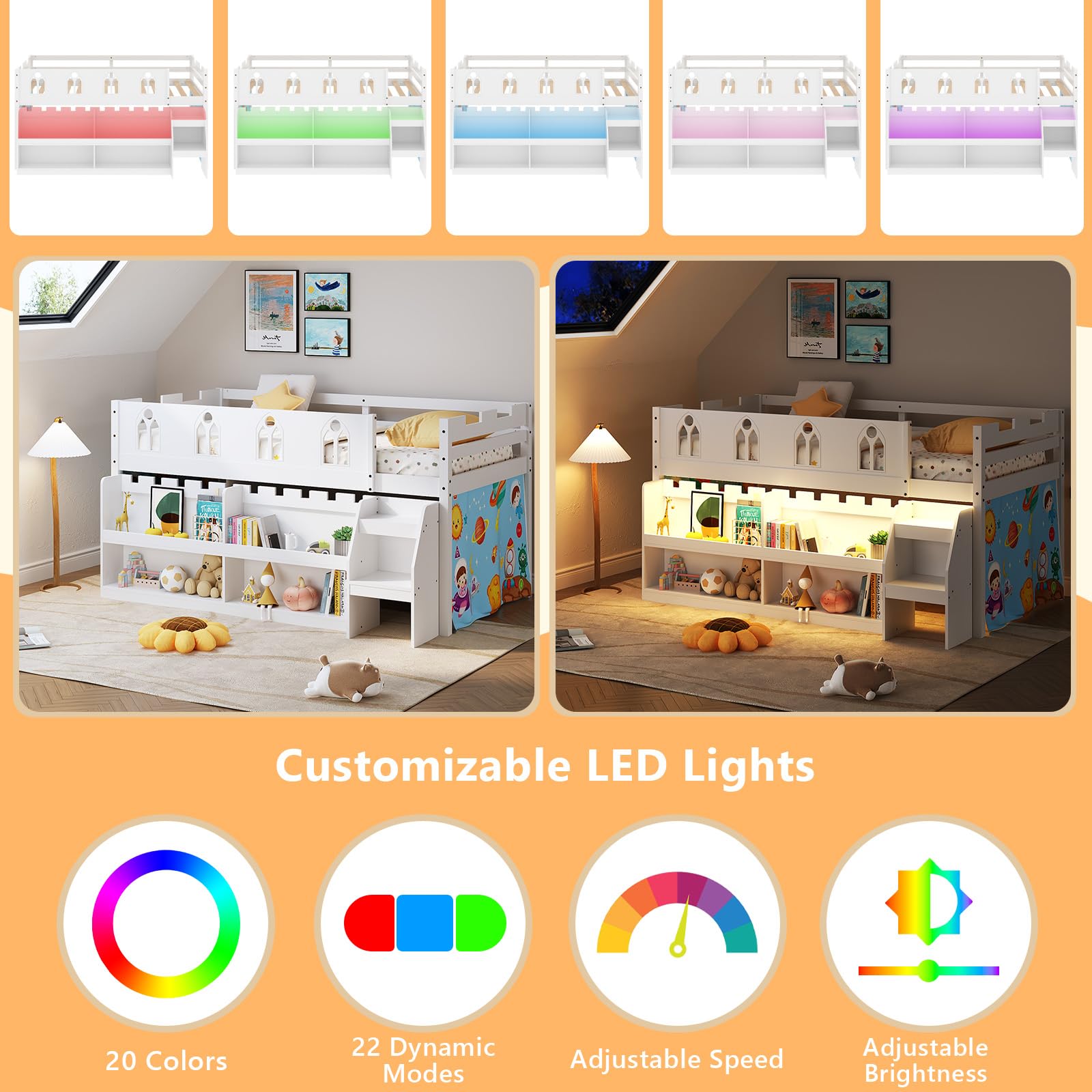 JOYMOR Low Loft Bed with LED Lights Wood Twin Size Bed Frame