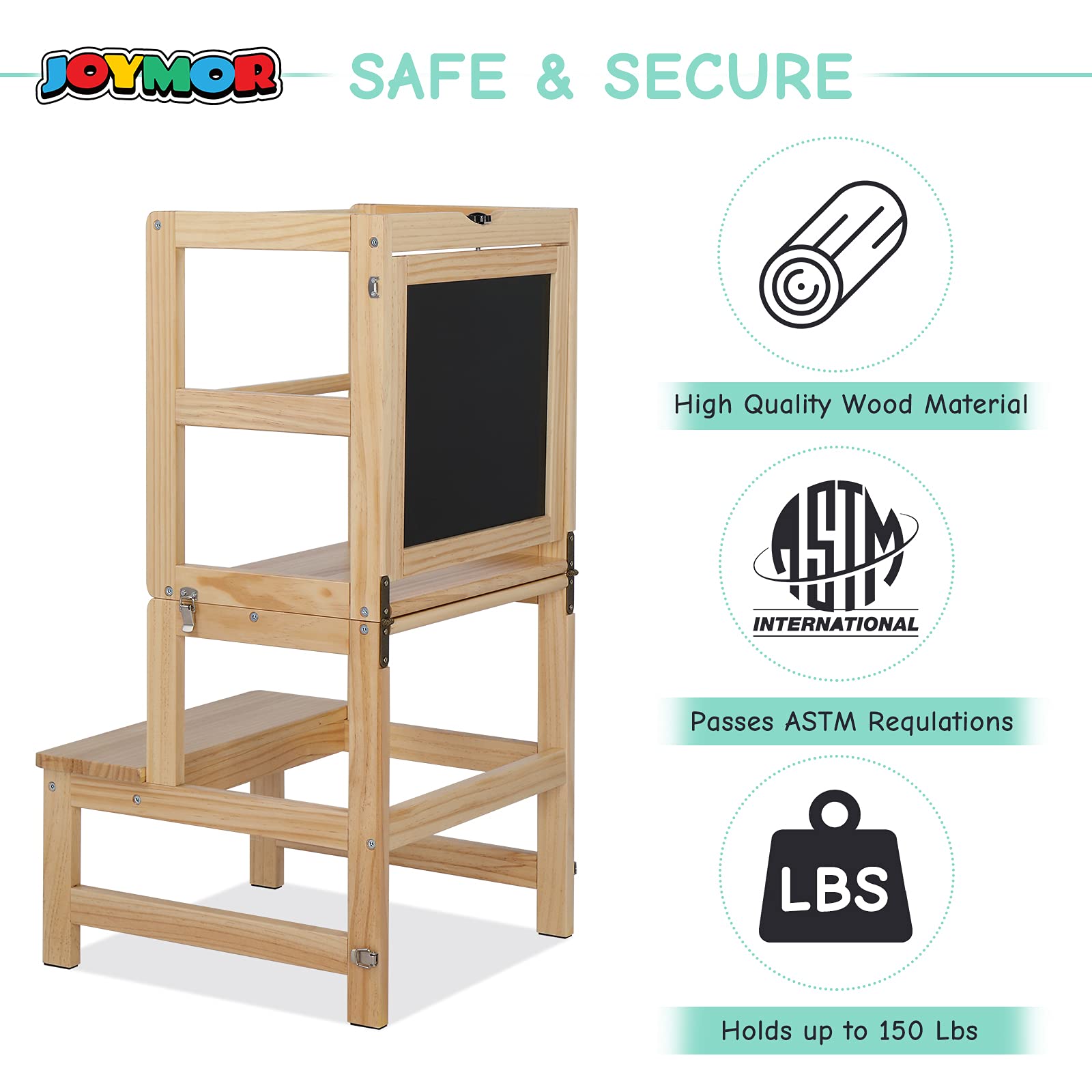 JoyMor Kids Kitchen Standing Tower with Safety Rail and Chalkboard