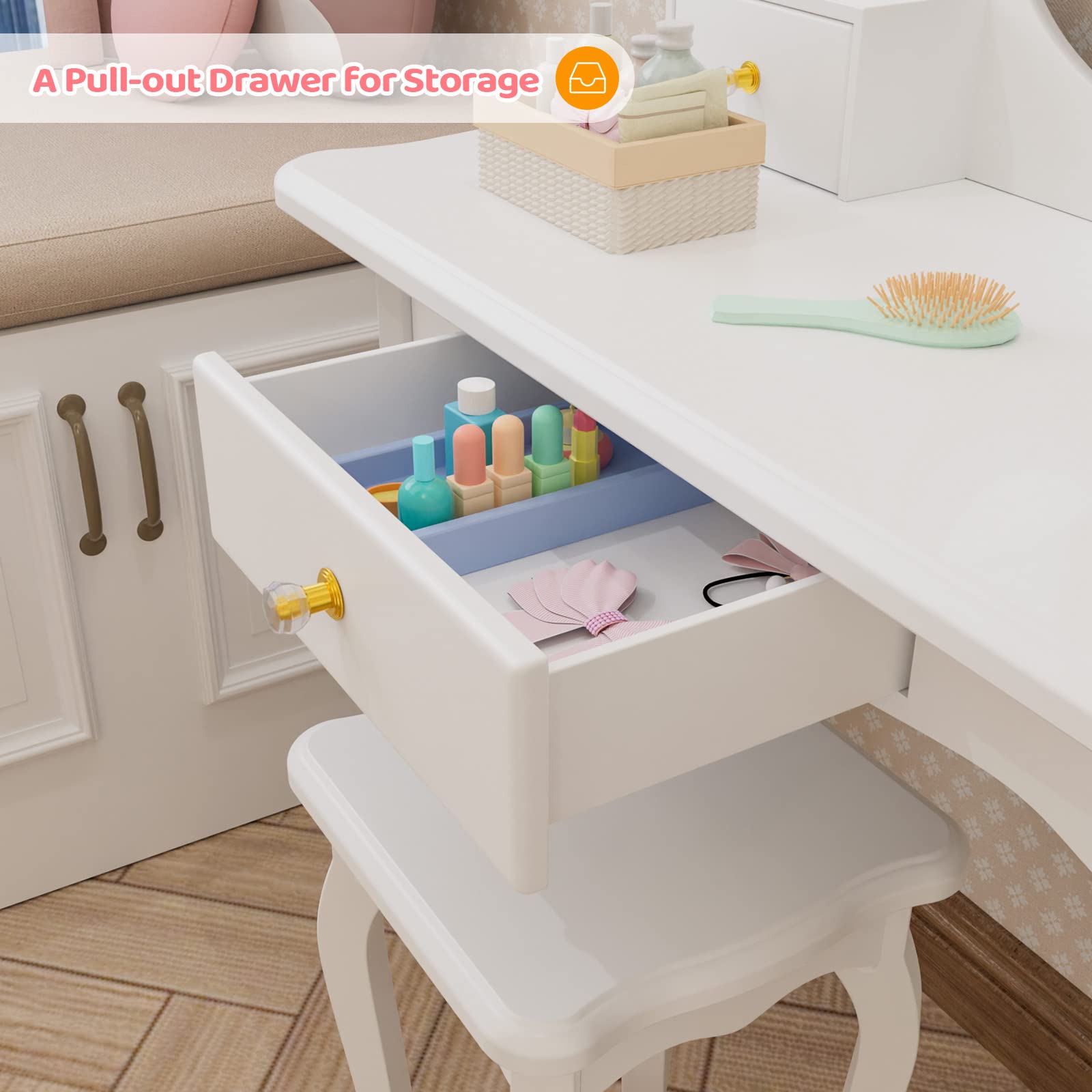 JOYMOR Kids Vanity Set with Makeup Dressing Table and Rotatable Mirror