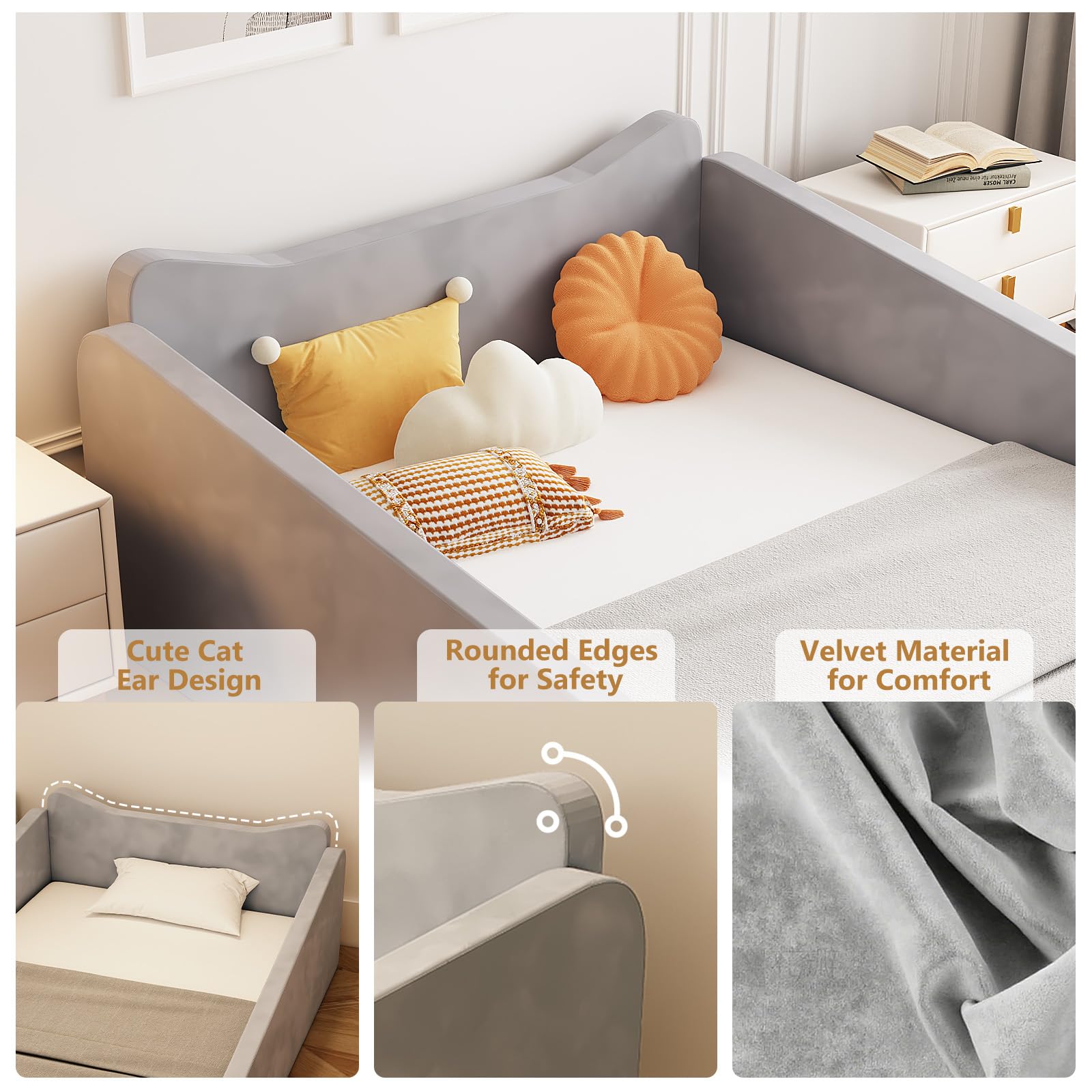 JOYMOR Toddler Bed Kids Floor Bed Frame with Guard Rails