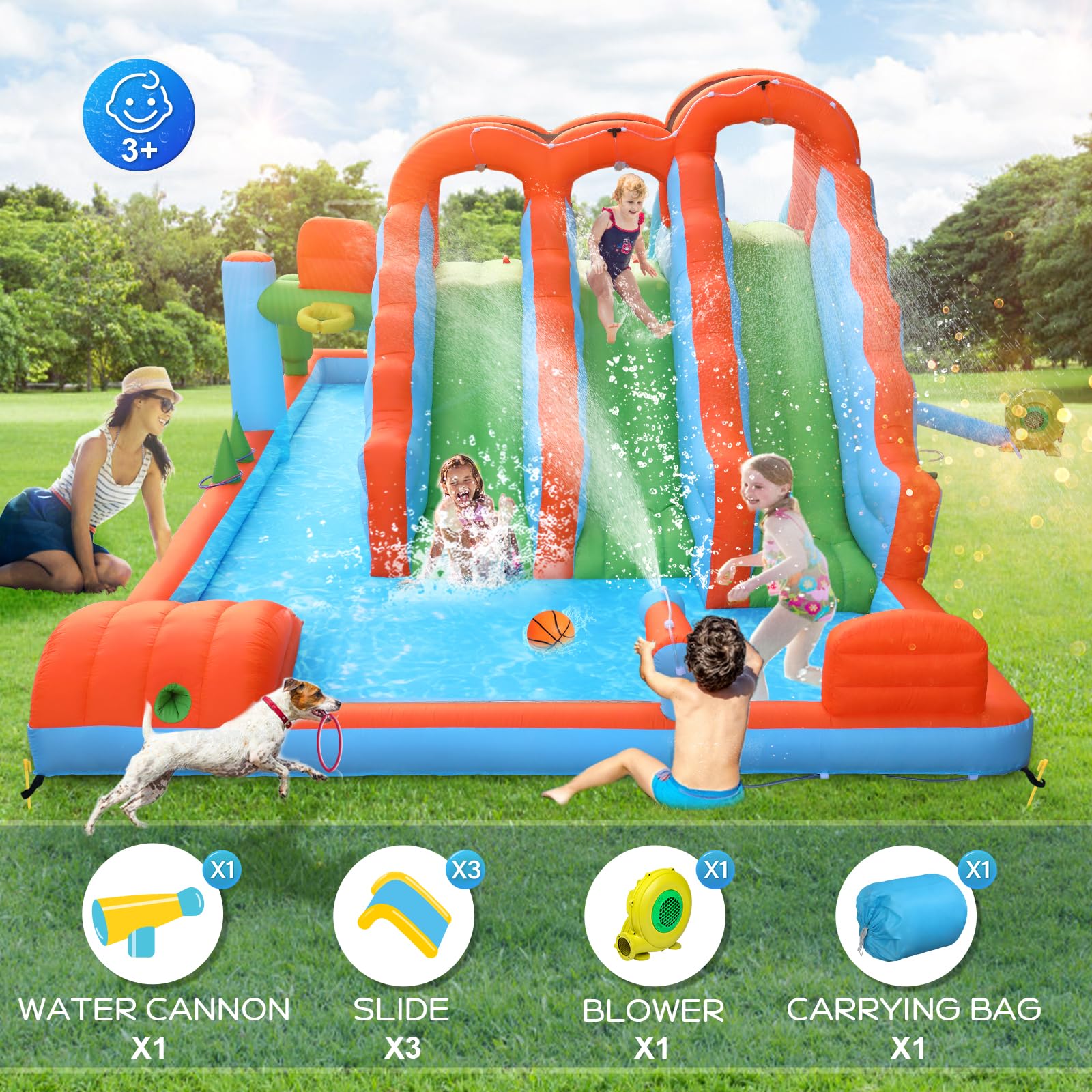 JOYMOR 10-in-1 Kids Backyard Inflatable Bounce House with 3 Water Slides