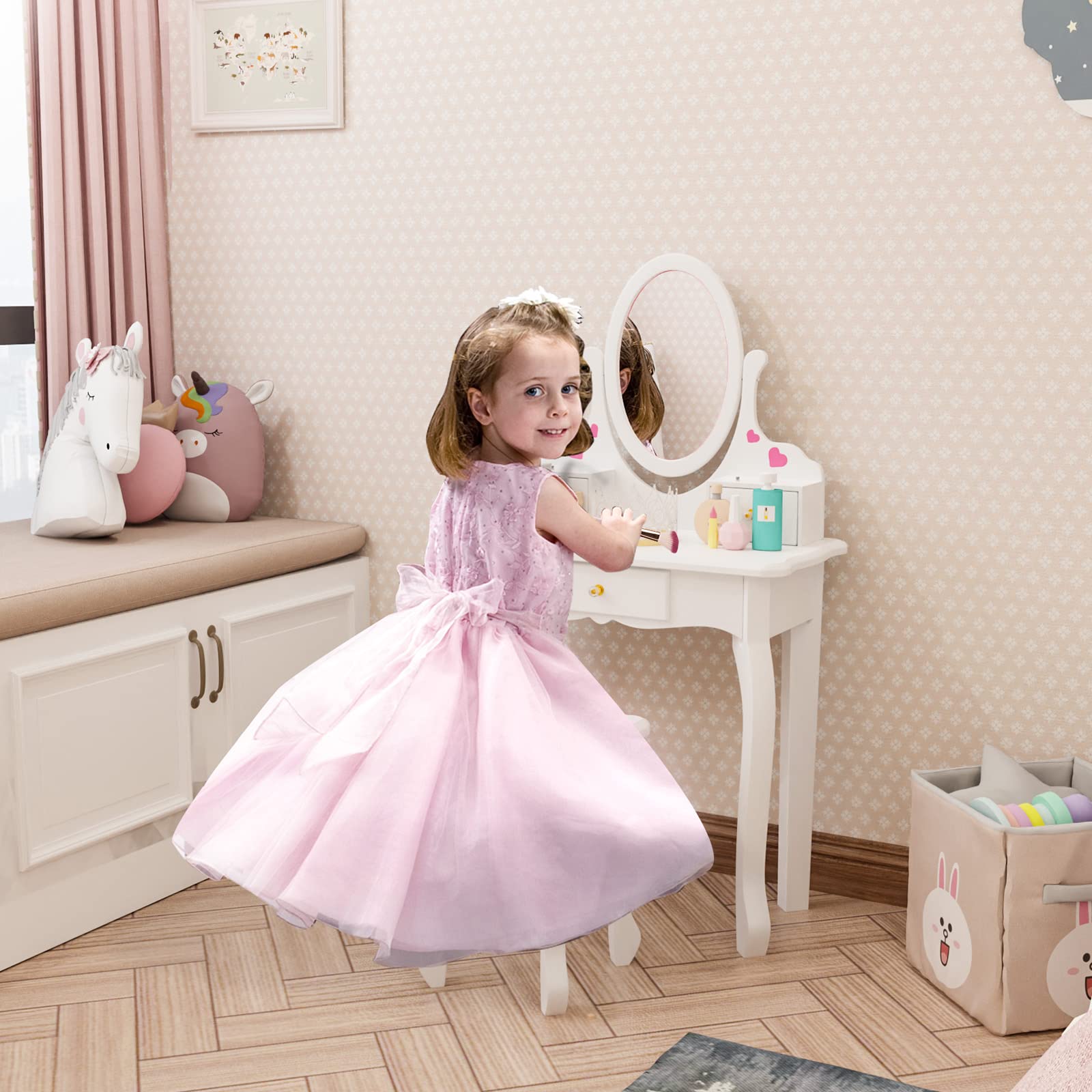 JOYMOR Kids Vanity Set with Makeup Dressing Table and Rotatable Mirror