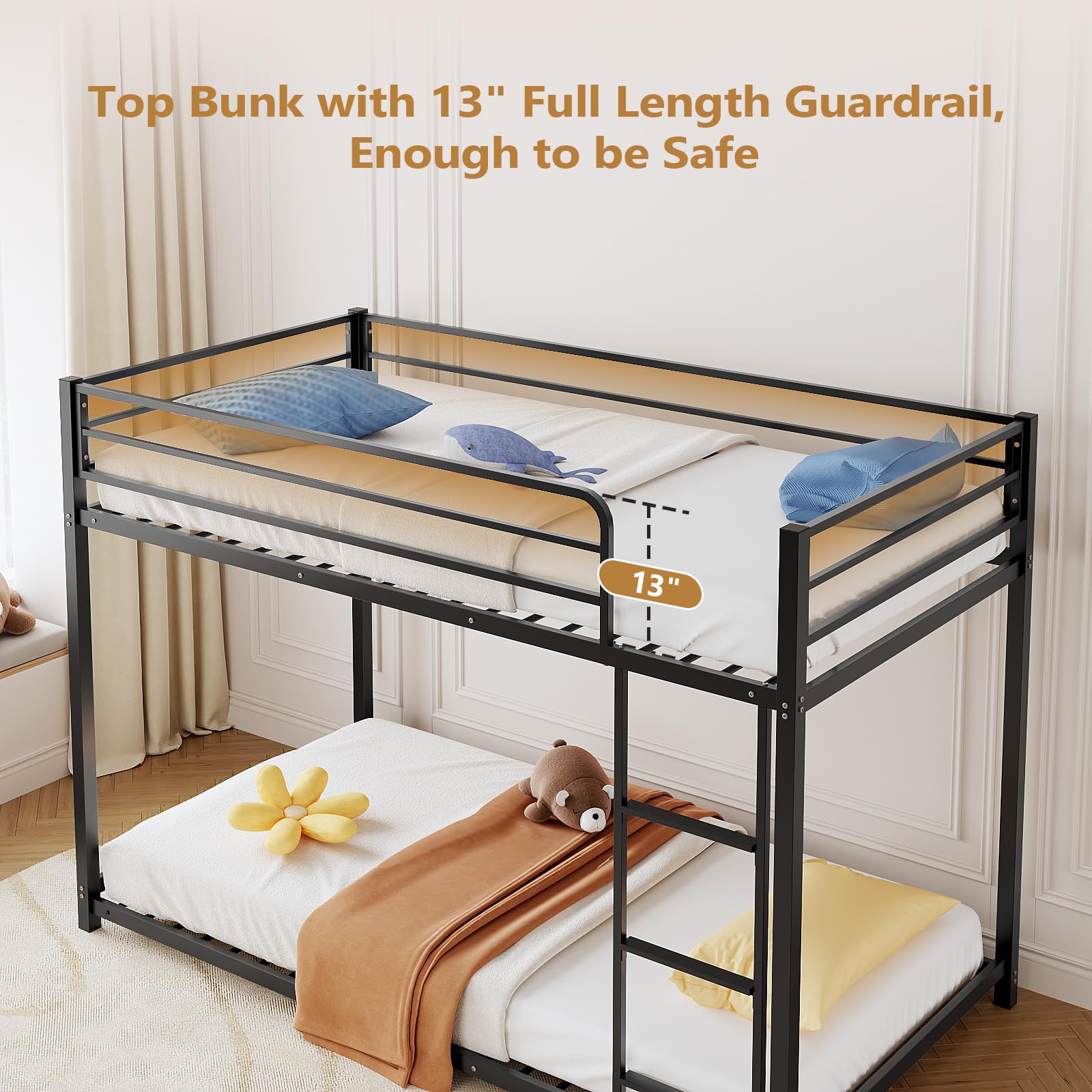 JOYMOR Metal Low Bunk Bed Twin Over Twin Bed Frame