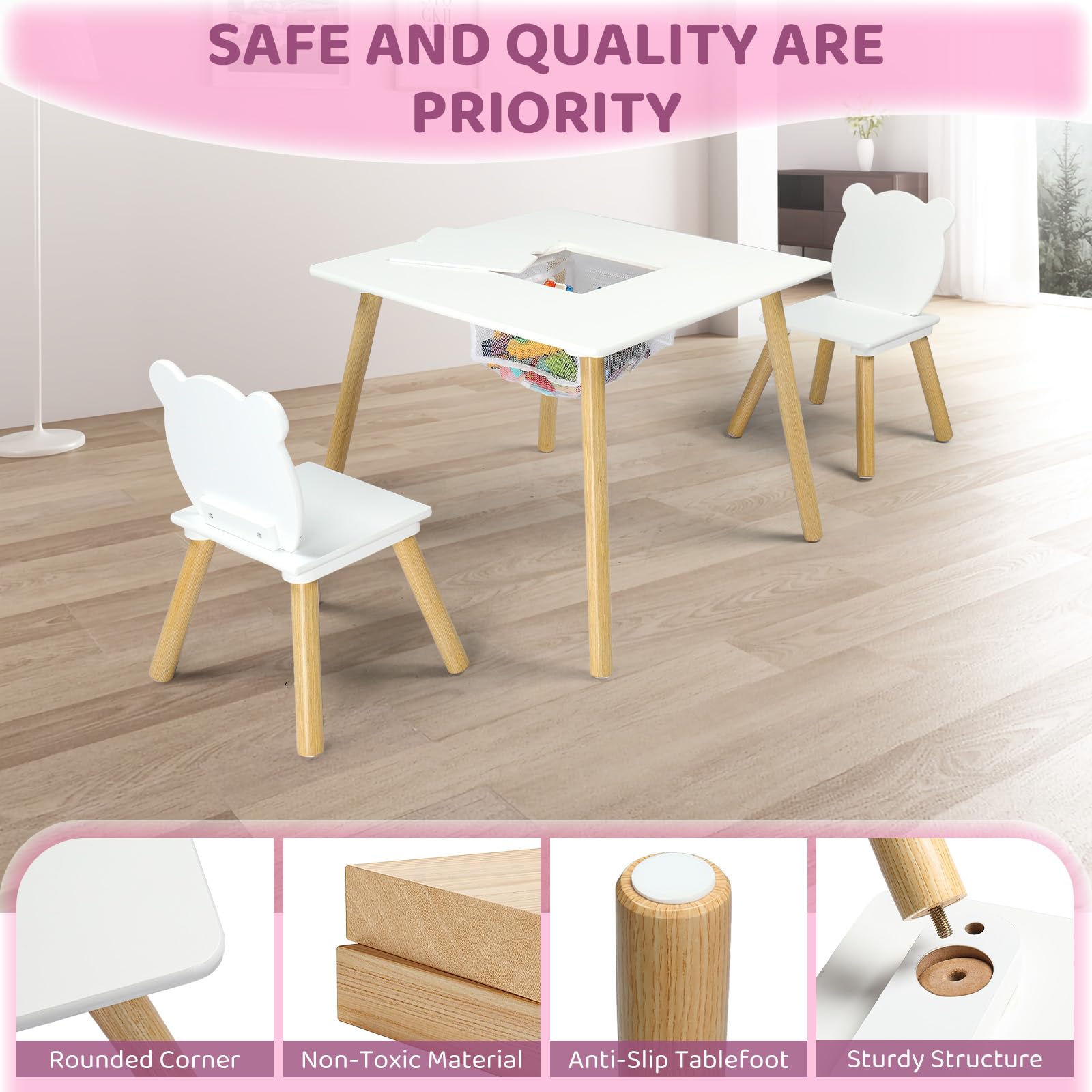 JOYMOR Kids Table and 2 Chairs Set with Storage & Removable Tabletop