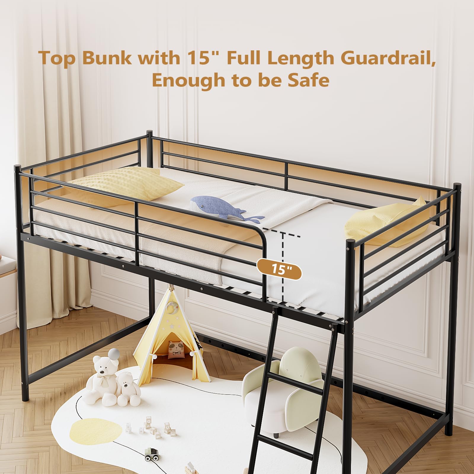 JOYMOR Low Loft Bed Metal Twin Size Bed Frame with Guardrail