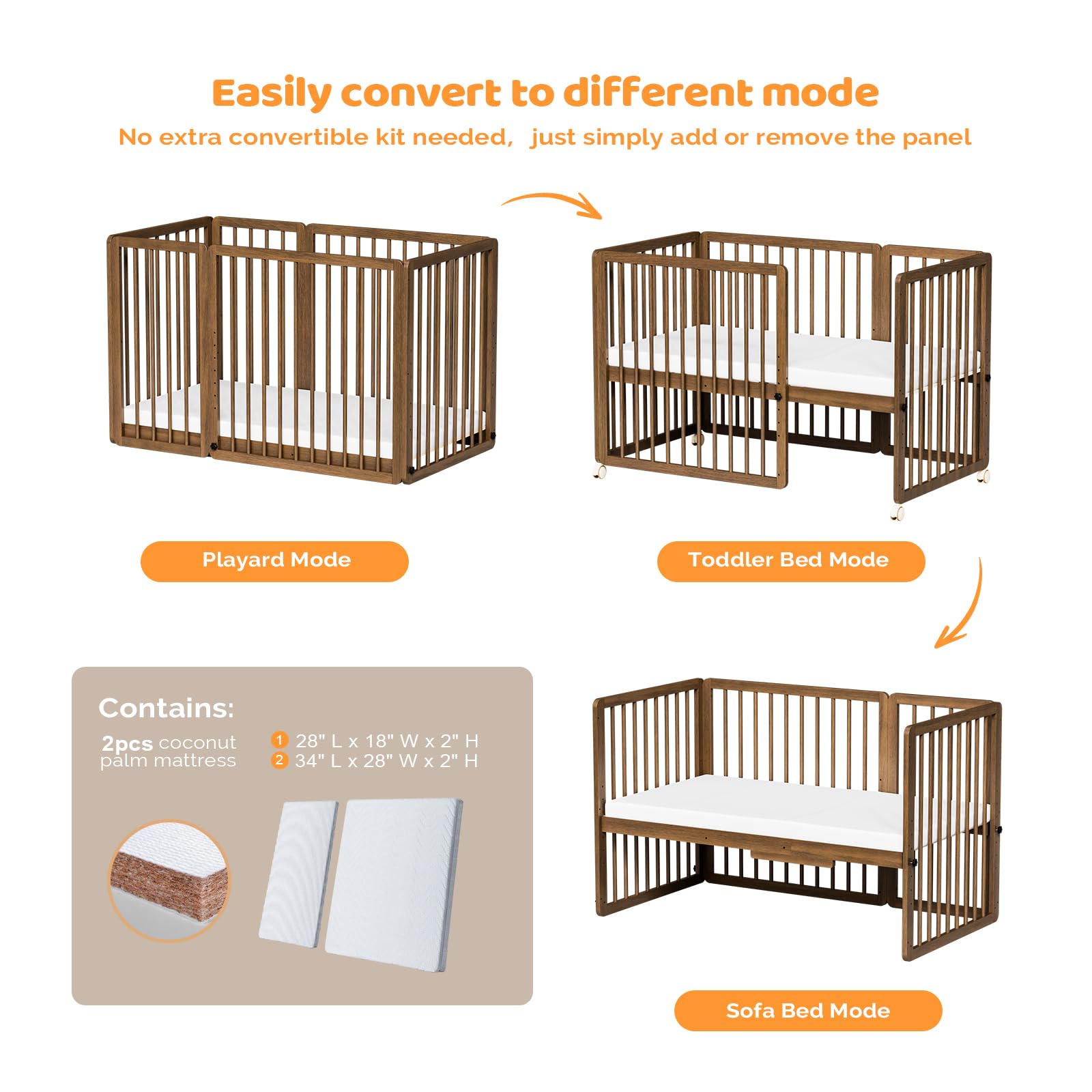 JOYMOR 8 in 1 Convertible Crib with Mattress Full Toddler Size Crib