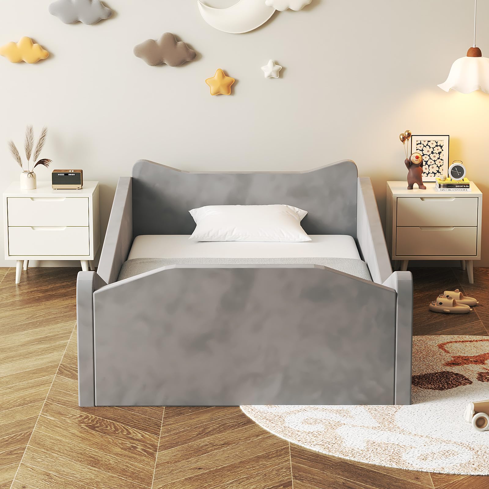 JOYMOR Toddler Bed Kids Floor Bed Frame with Guard Rails