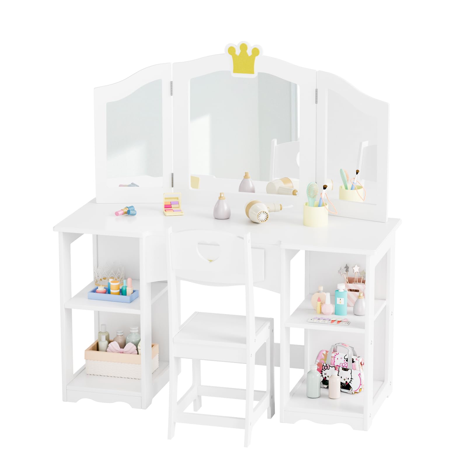 JOYMOR Kids 2 in 1 Princess Vanity Table and Chair Set w/Tri-Folding Mirror