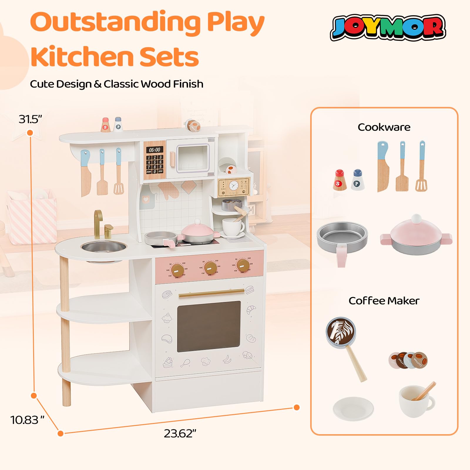 JOYMOR Kids Wooden Play Kitchen Set Modern Pretend Kitchen