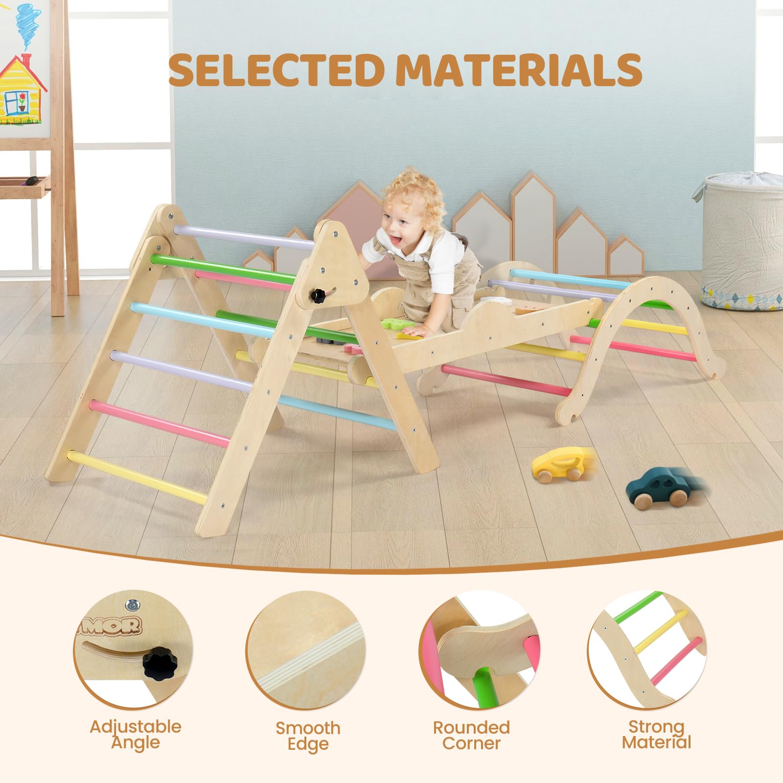 Joymor Wooden Pikler Triangle Set Montessori Climbing Adventure for Toddlers