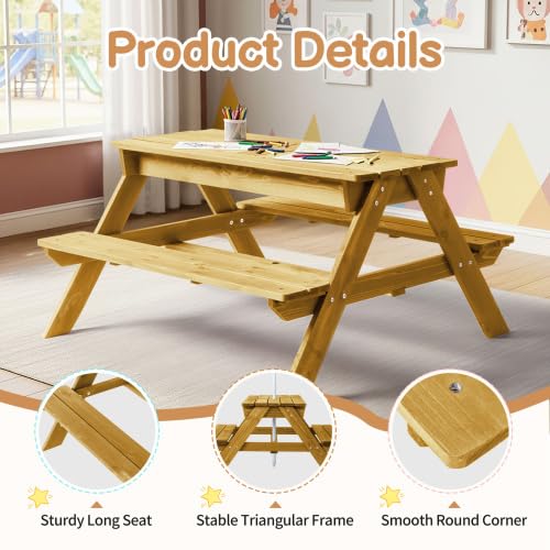 JOYMOR Kids Picnic Table Toddler Fir Wood Kids Outdoor Table and Chairs with Removable Umbrella