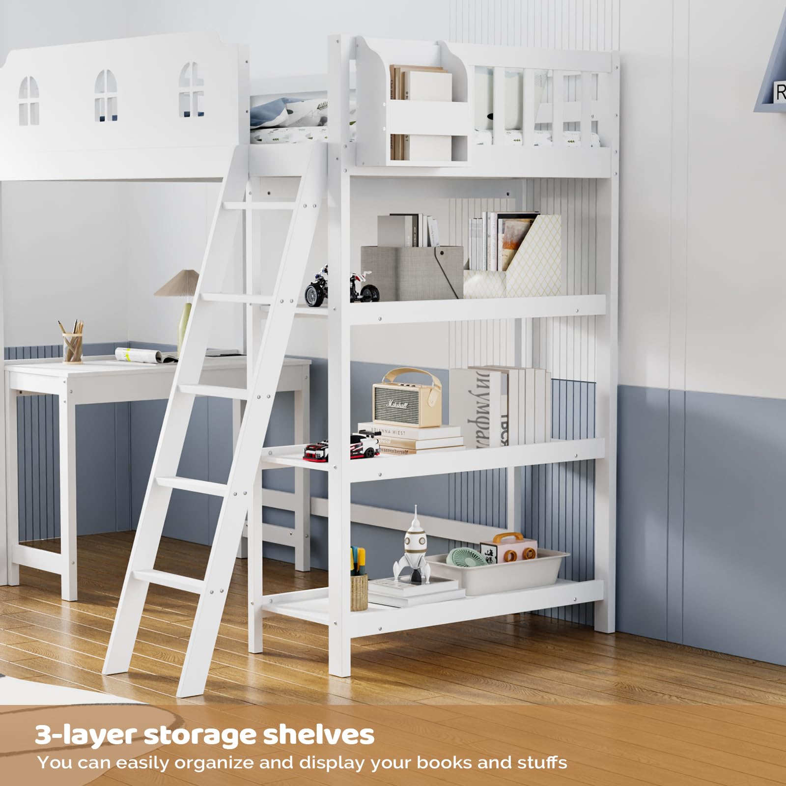 JOYMOR Wood Loft Bed with Desk Twin Size Bed Frame