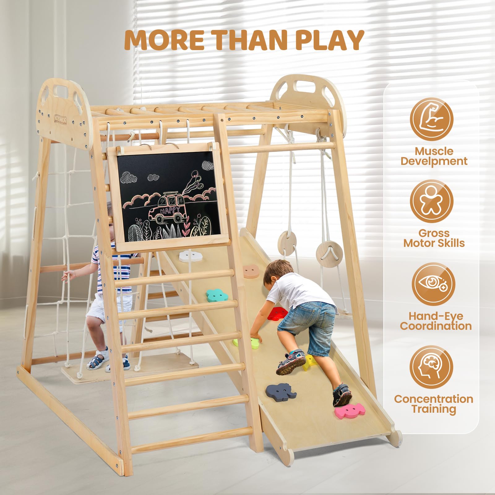 JOYMOR Kids Wooden 8-in-1 Indoor Jungle Gym