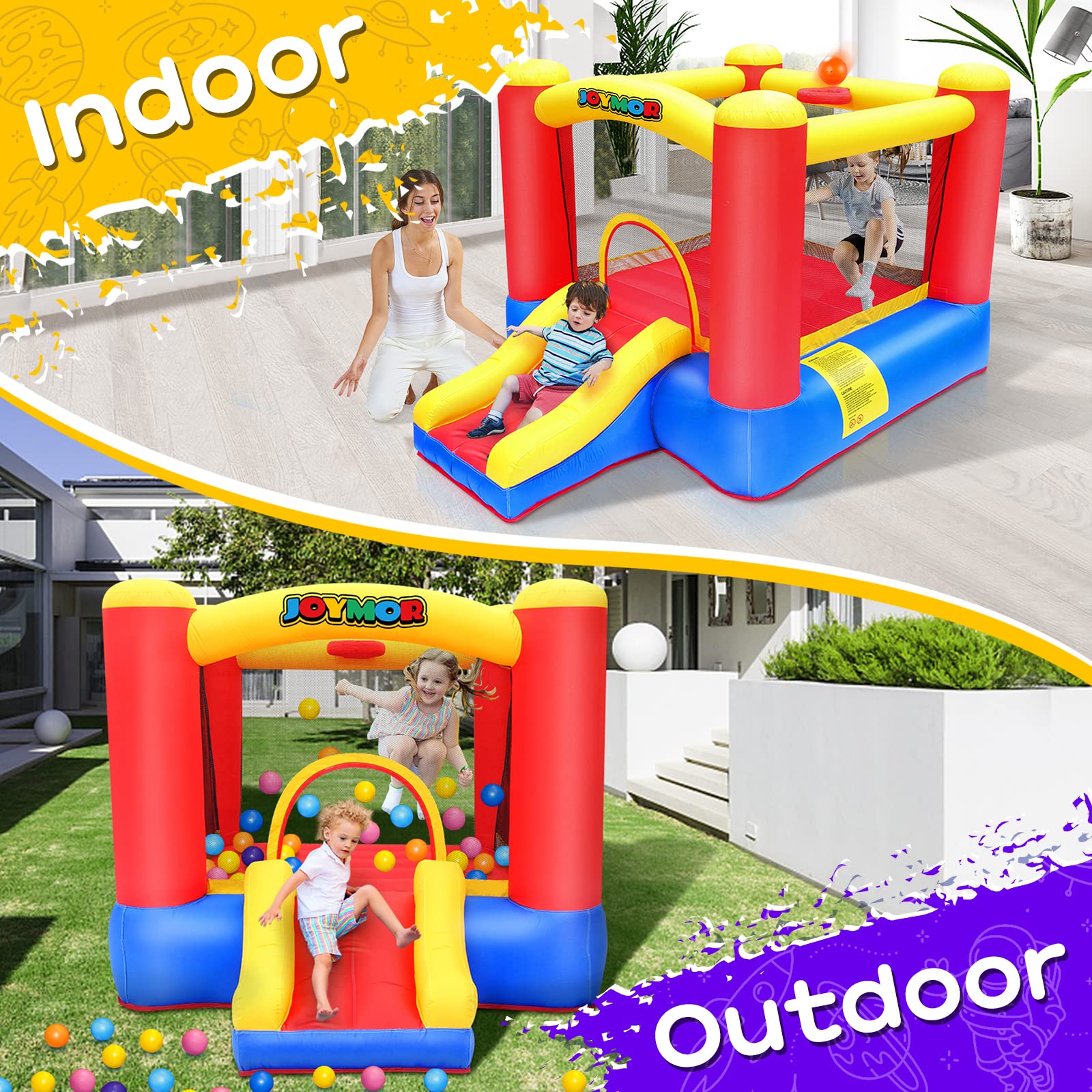 JOYMOR Inflatable Bounce Slide Castle House with Blower – Indoor & Outdoor Playhouse
