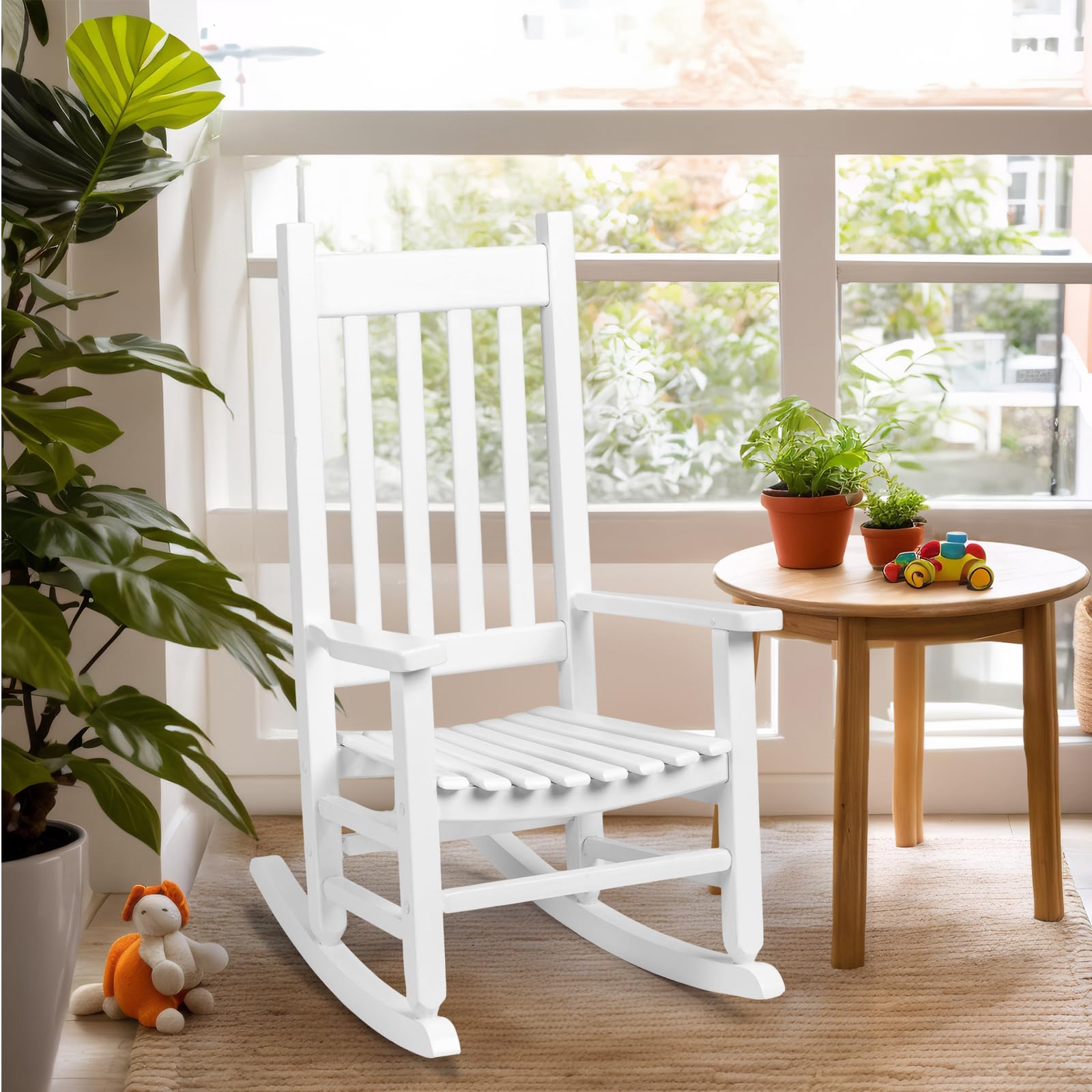 JOYMOR Wooden Rocking Chair with High Backrest Outdoor Toddler  Porch Rocker