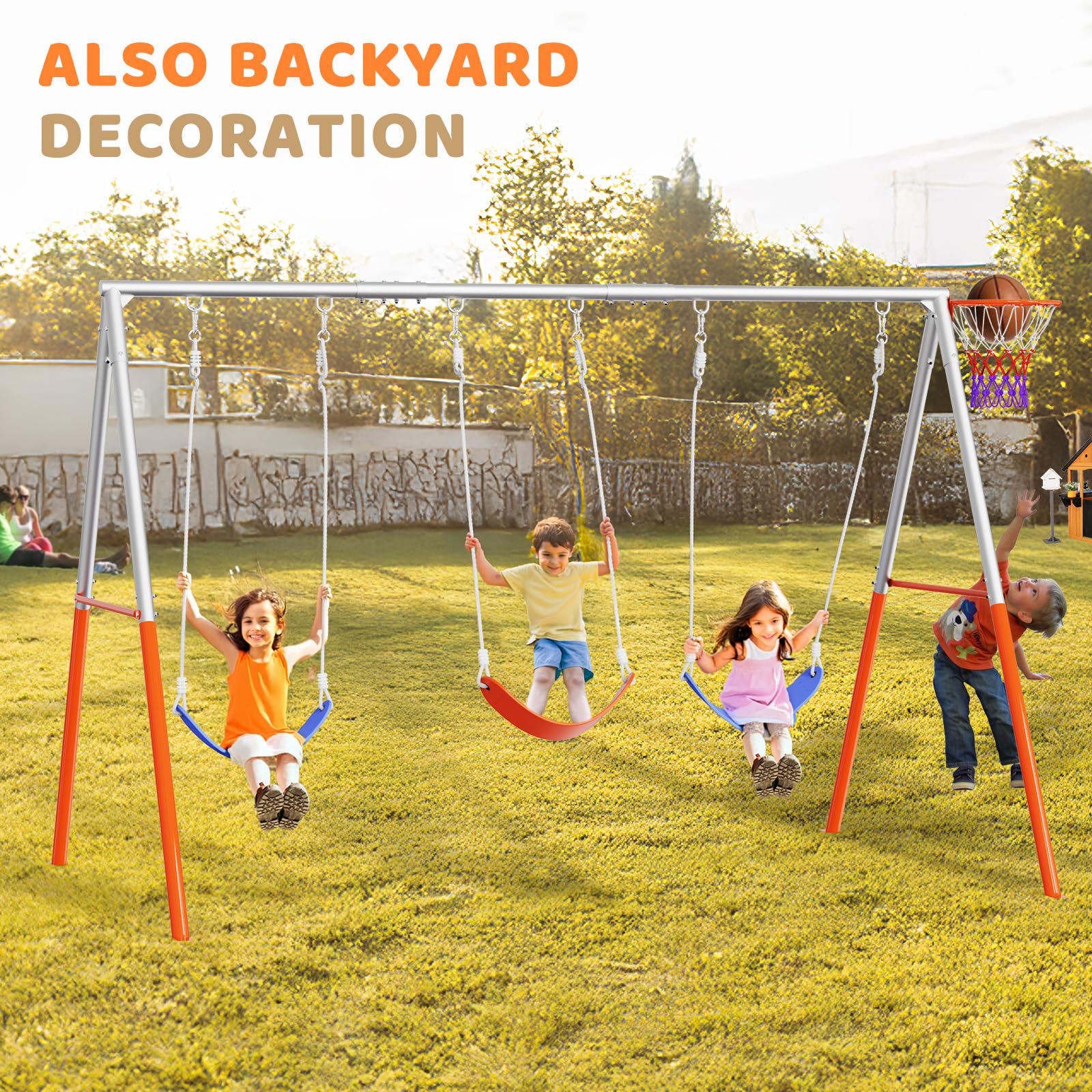 JOYMOR 4-in-1 Swing Sets for Backyard 3-Seats Kids Swing Set with Basketball-Hoop