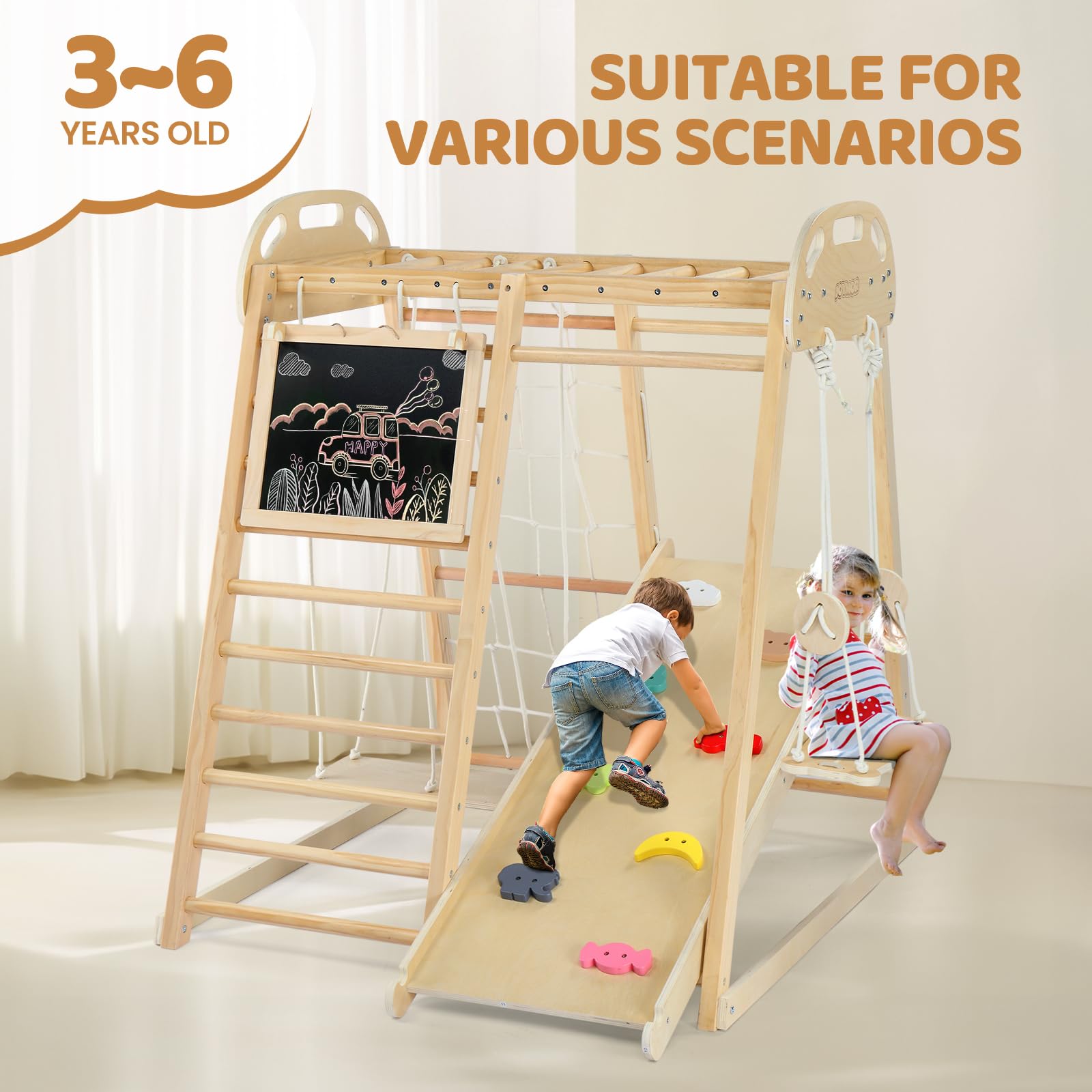 JOYMOR Kids Wooden 8-in-1 Indoor Jungle Gym