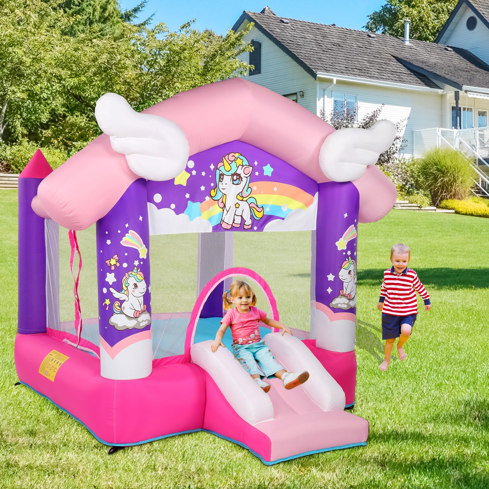 JOYMOR Inflatable Bounce Slide Castle House with Blower – Indoor & Outdoor Playhouse
