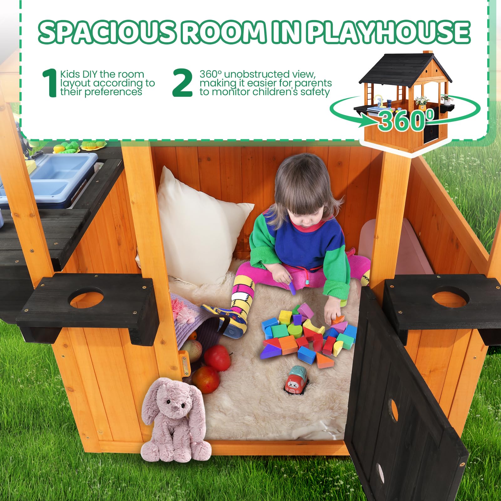 JOYMOR Outdoor Kids Playhouse Wooden Play House for Backyard