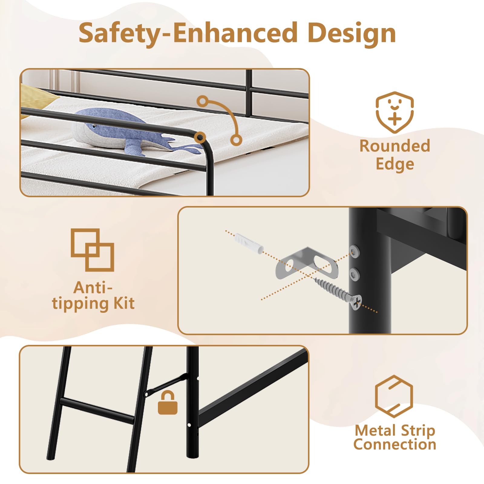JOYMOR Low Loft Bed Metal Twin Size Bed Frame with Guardrail