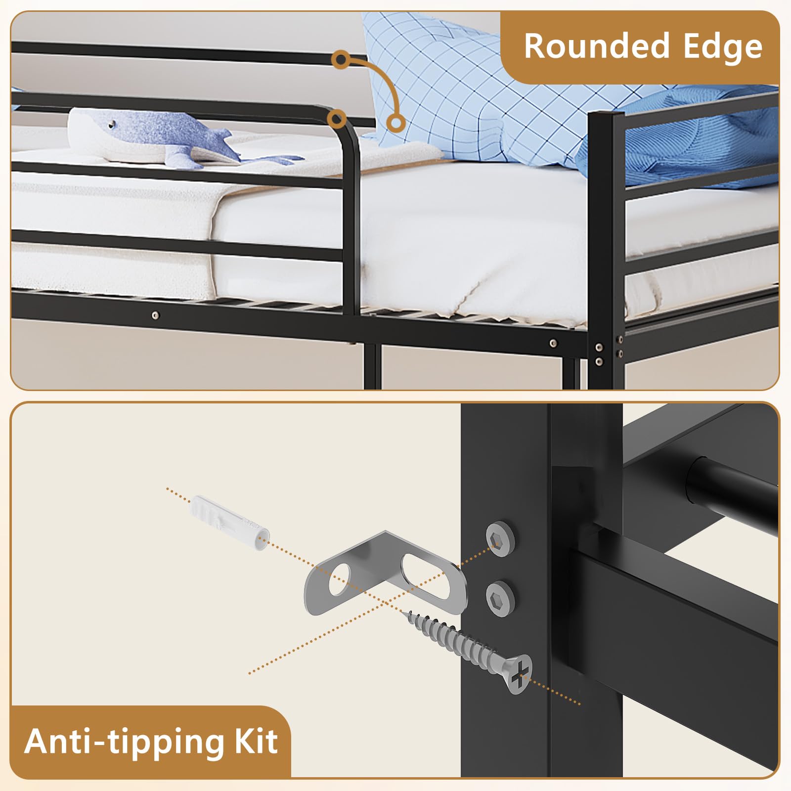 JOYMOR Metal Low Bunk Bed Twin Over Twin Bed Frame