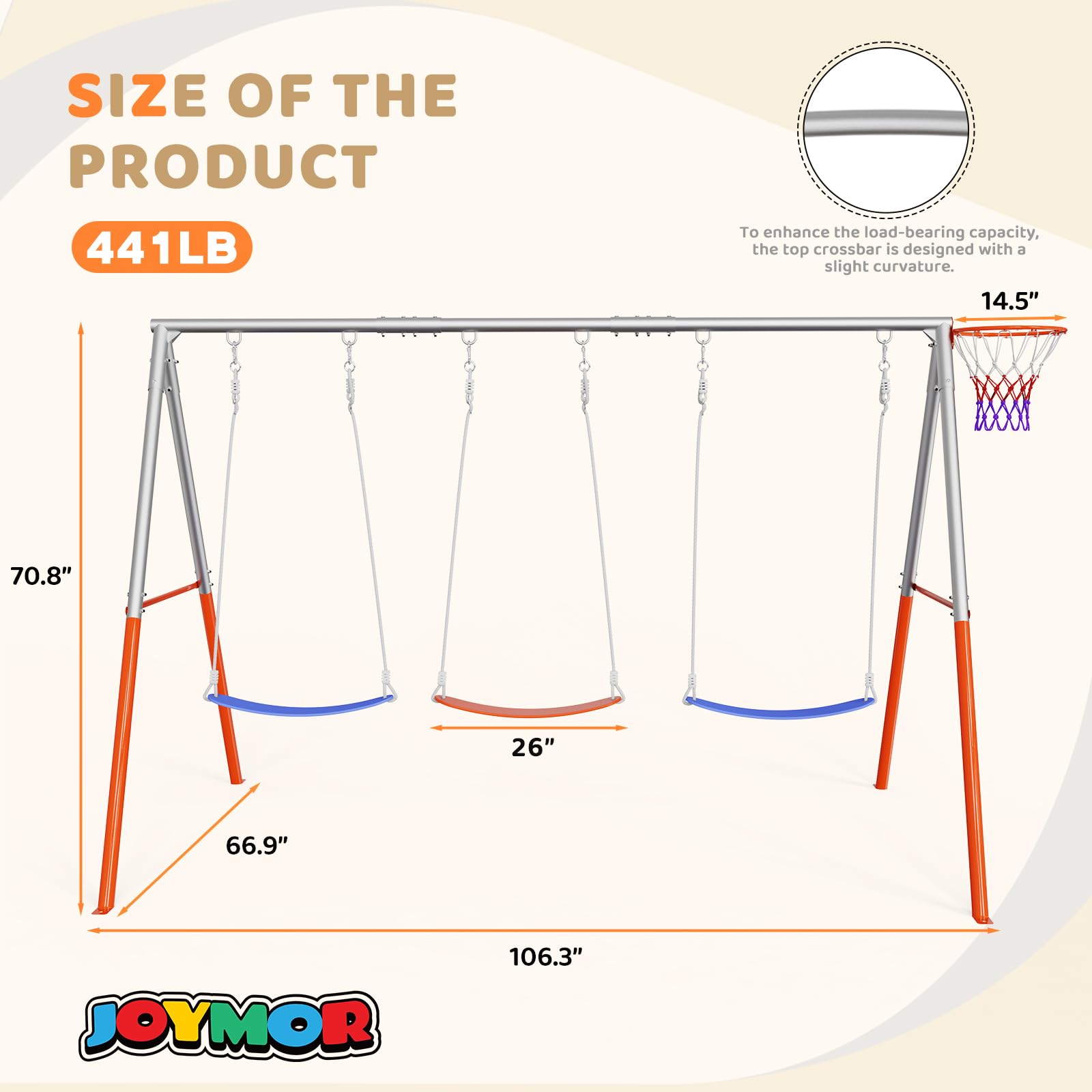 JOYMOR 4-in-1 Swing Sets for Backyard 3-Seats Kids Swing Set with Basketball-Hoop