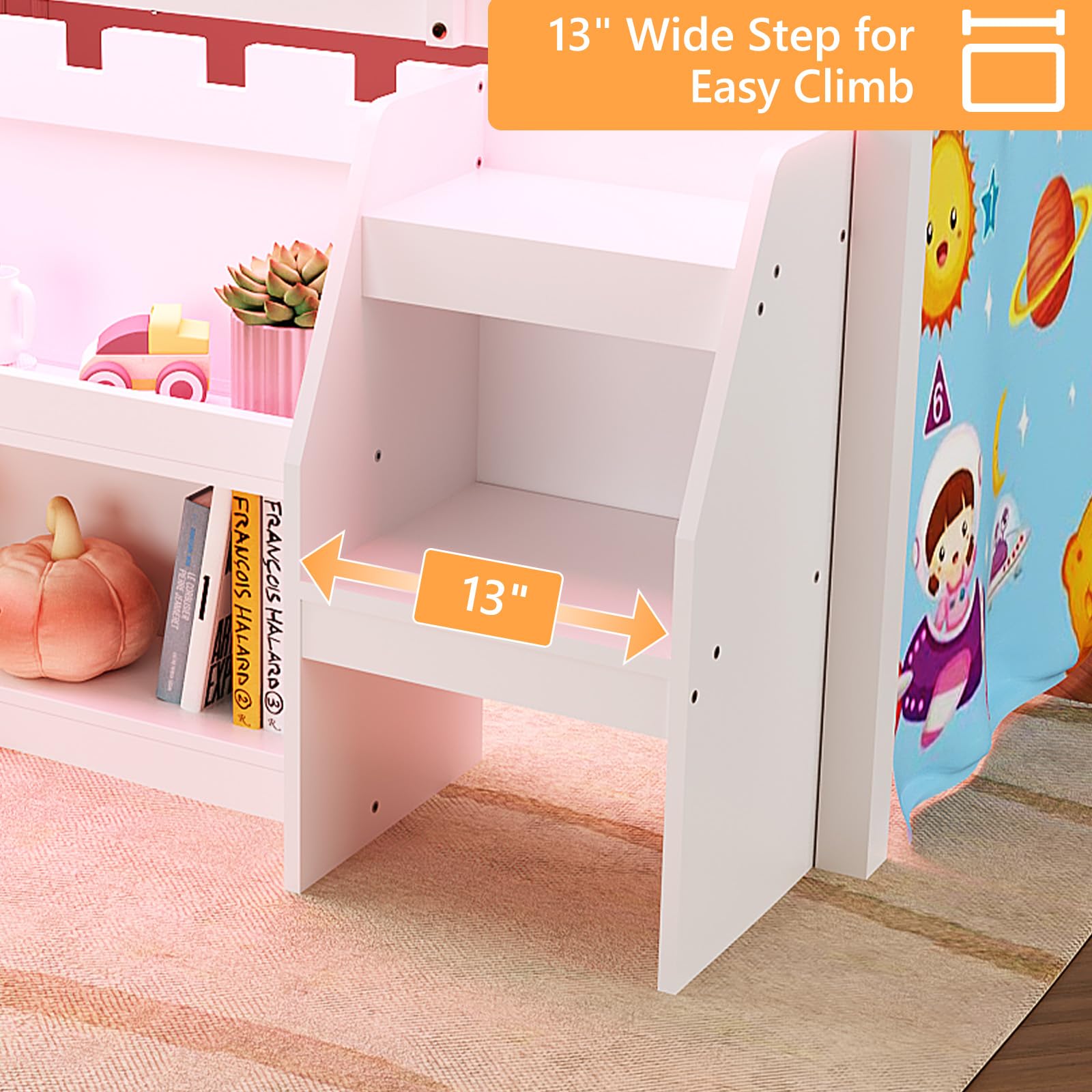 JOYMOR Low Loft Bed with LED Lights Wood Twin Size Bed Frame