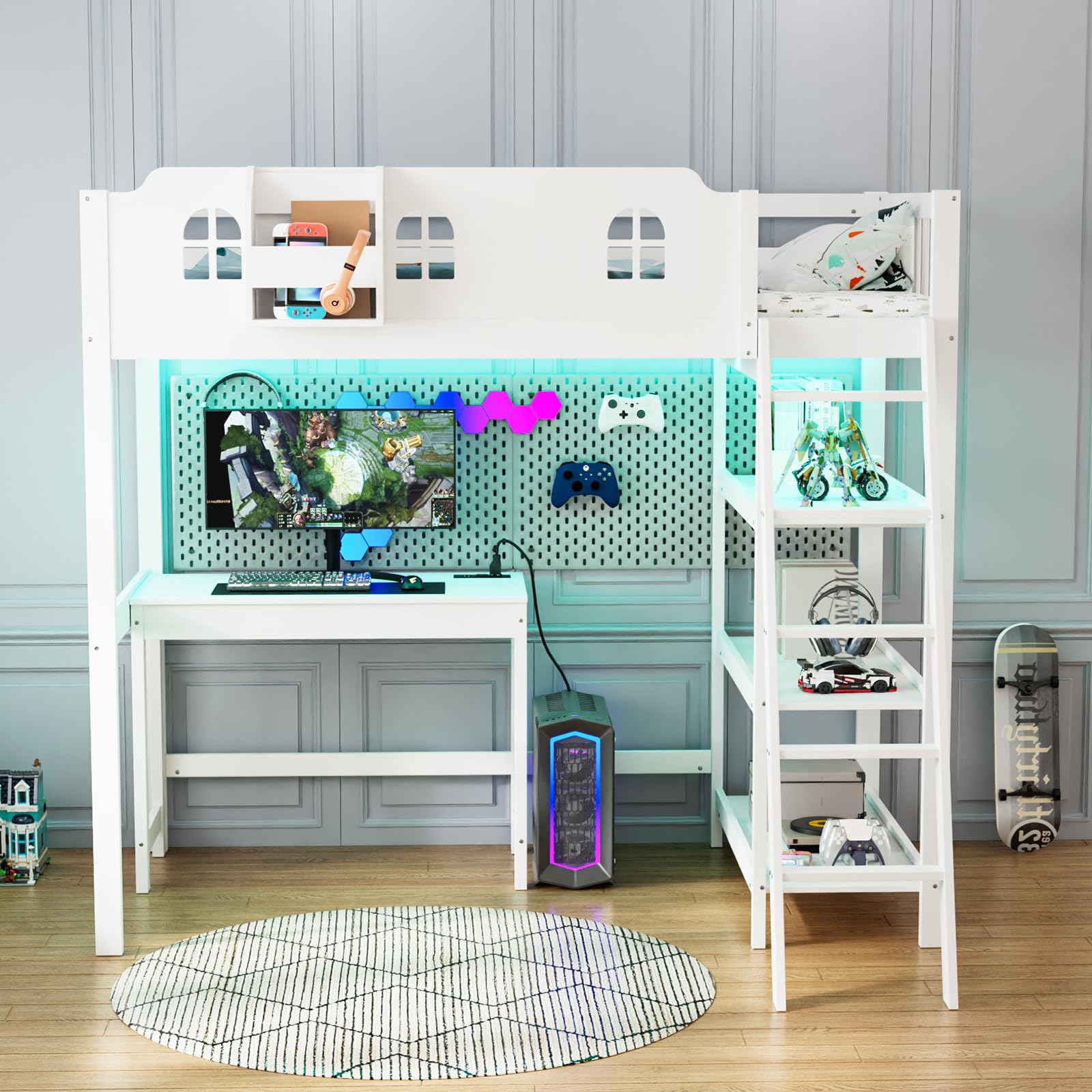 JOYMOR Wood Loft Bed with Desk Twin Size Bed Frame