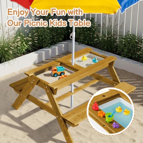 JOYMOR Kids Picnic Table Toddler Fir Wood Kids Outdoor Table and Chairs with Removable Umbrella