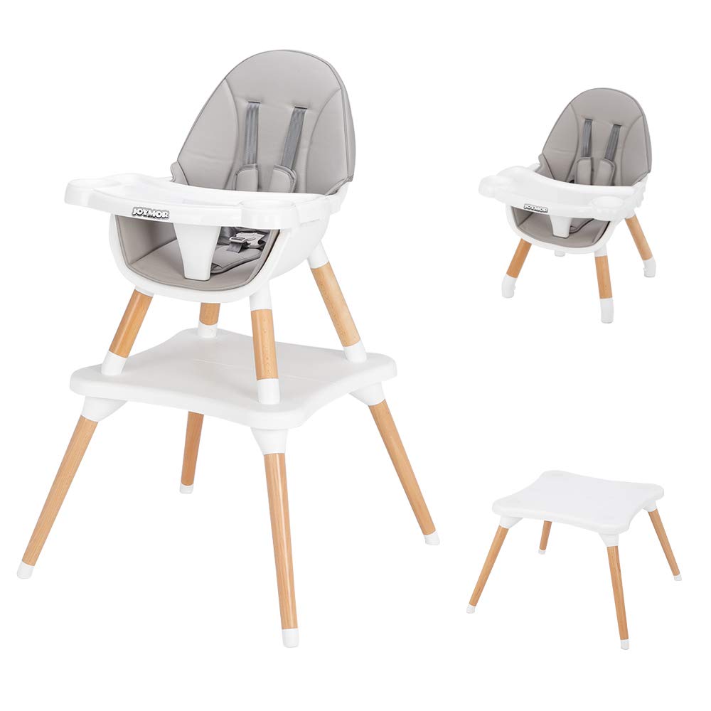 JOYMOR 5-in-1 Wooden Baby High Chair with Leather Seat Cushion
