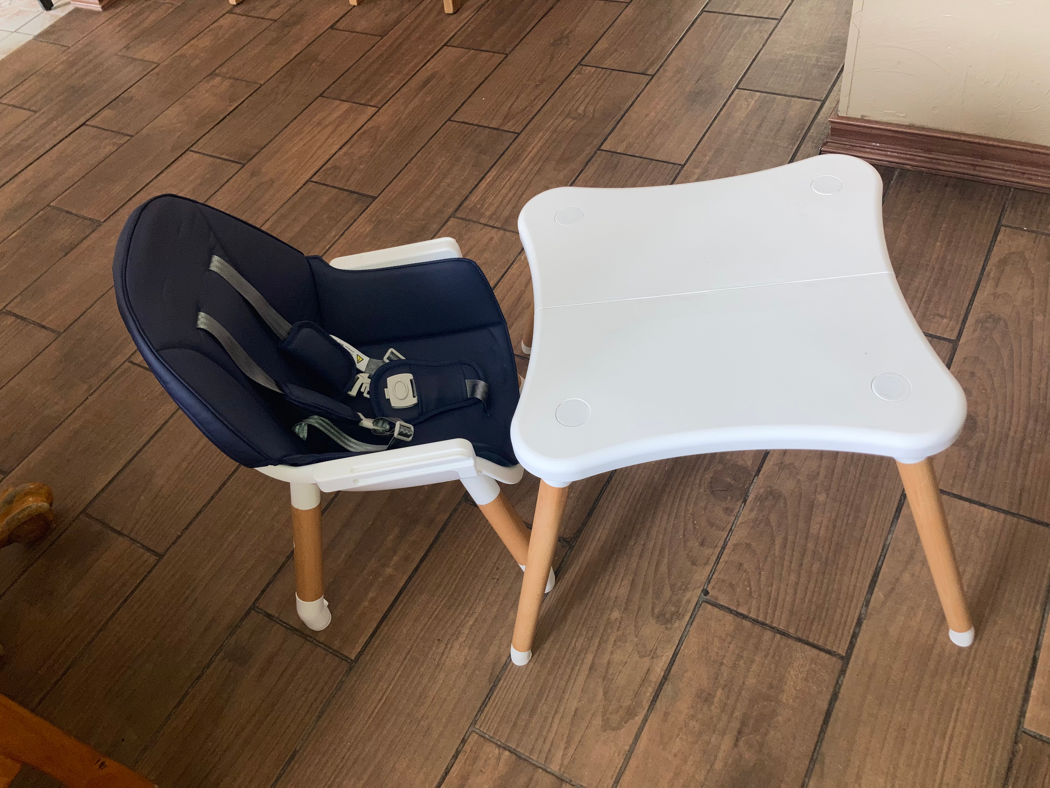 JOYMOR 5-in-1 Wooden Baby High Chair with Leather Seat Cushion