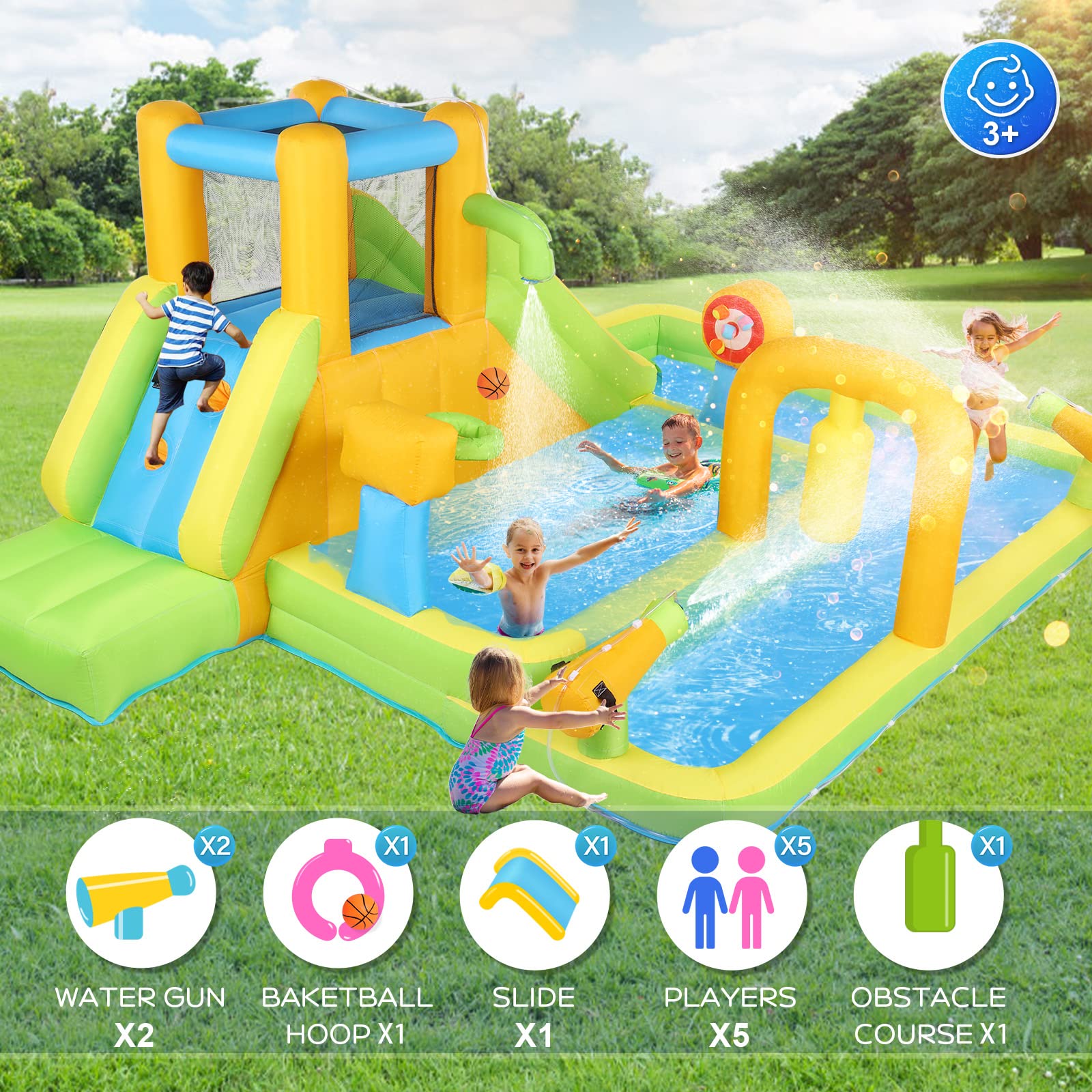 JOYMOR Outdoor Kids Inflatable Water Slide Park – Backyard Castle with Pool