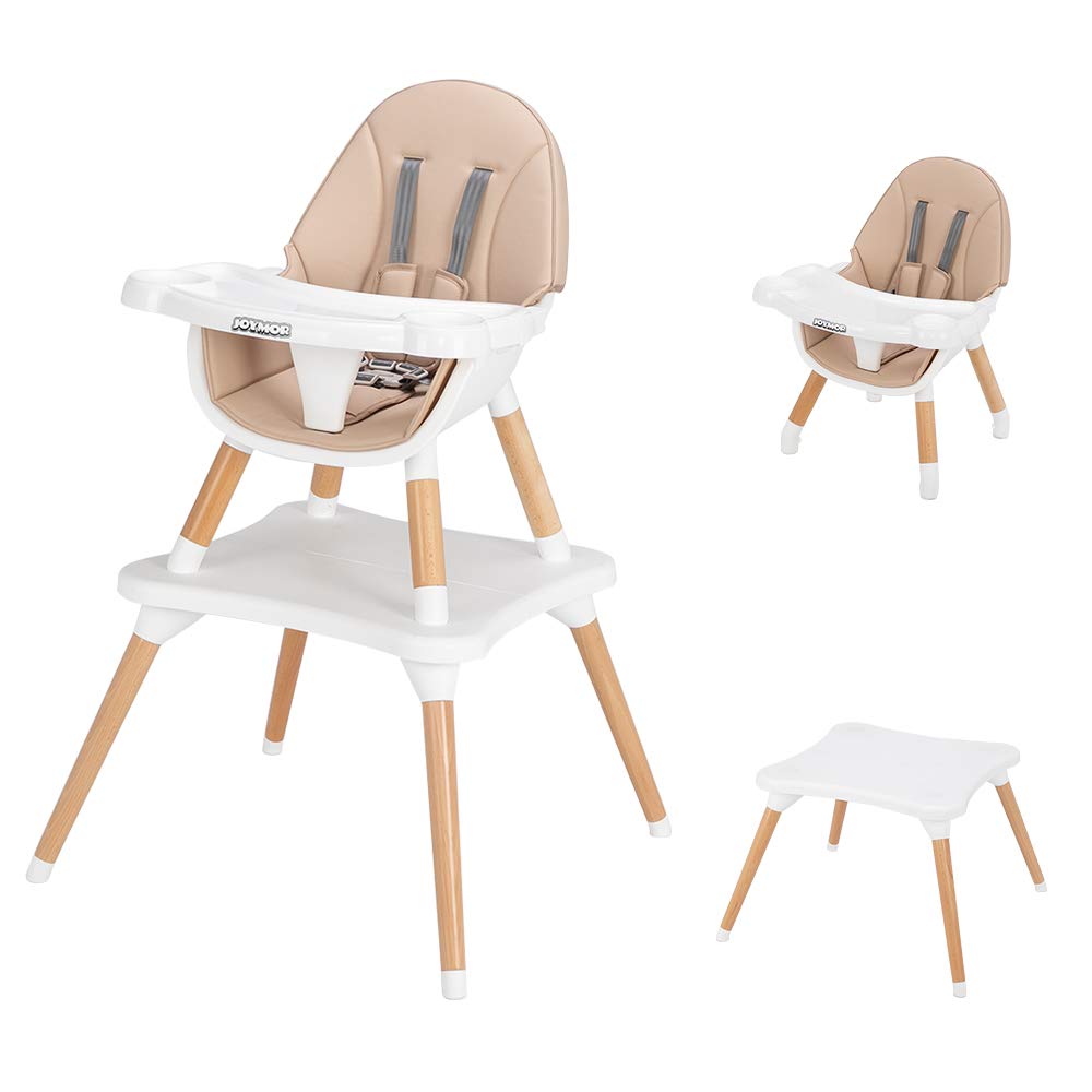 JOYMOR 5-in-1 Wooden Baby High Chair with Leather Seat Cushion