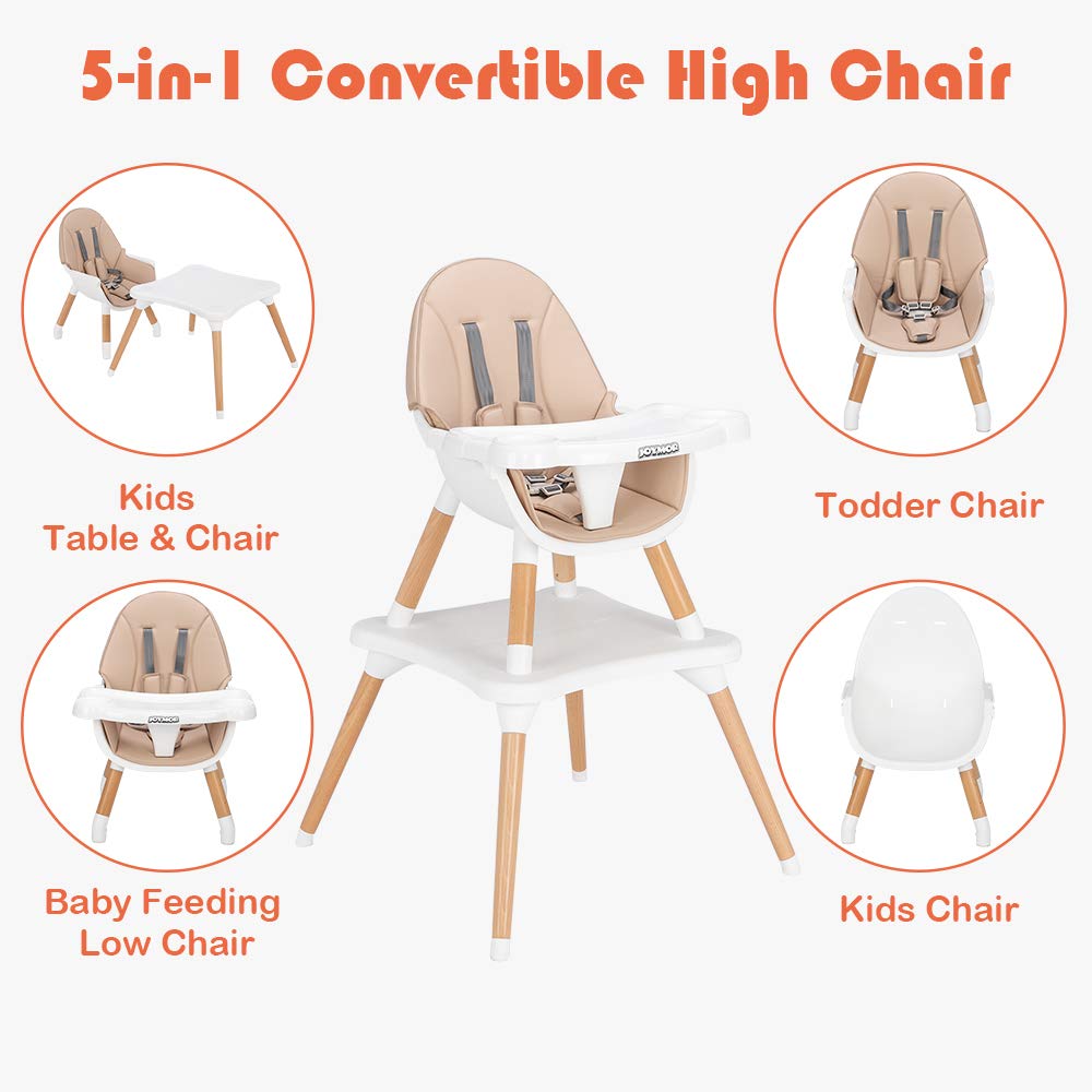 JOYMOR 5-in-1 Wooden Baby High Chair with Leather Seat Cushion