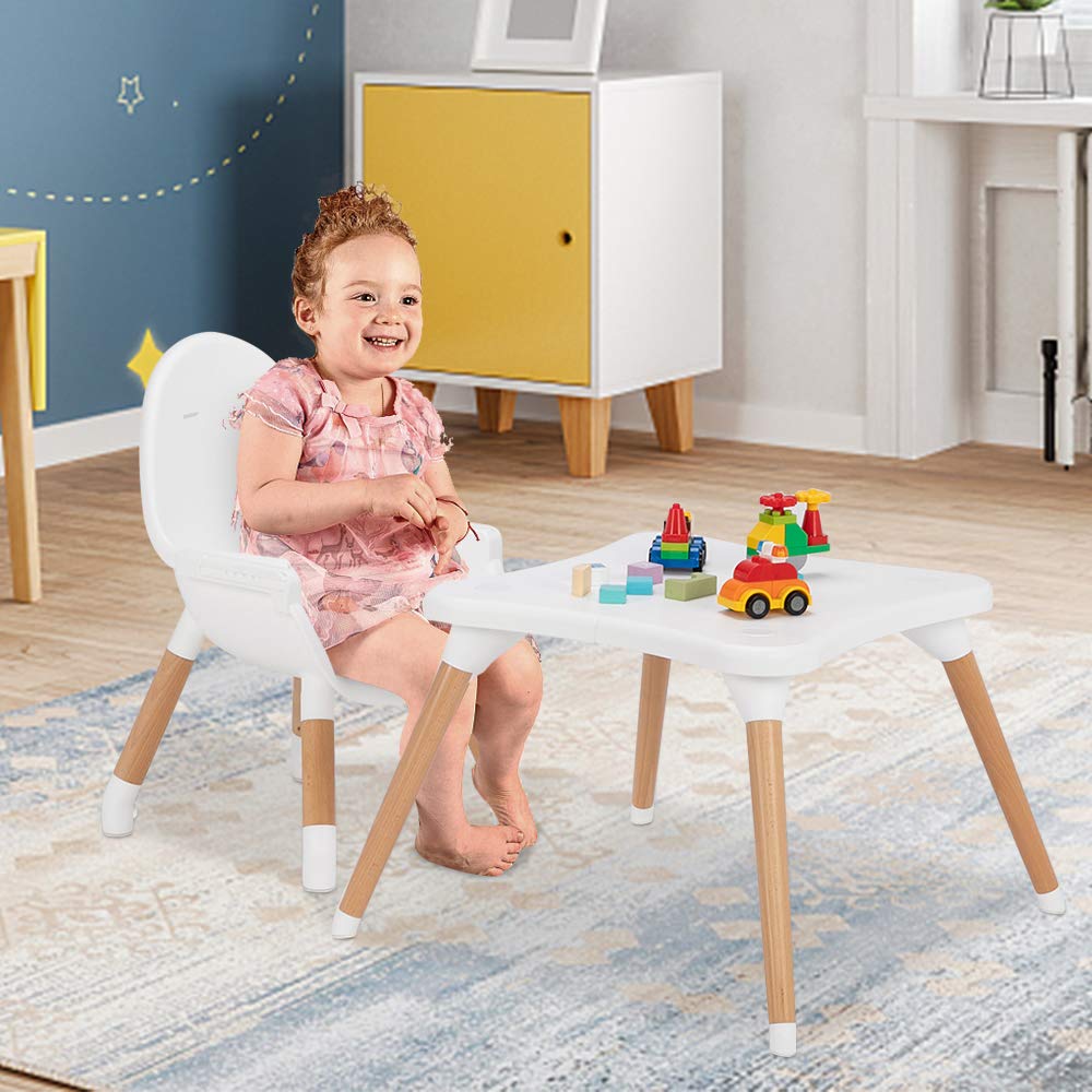 JOYMOR 5-in-1 Wooden Baby High Chair with Leather Seat Cushion