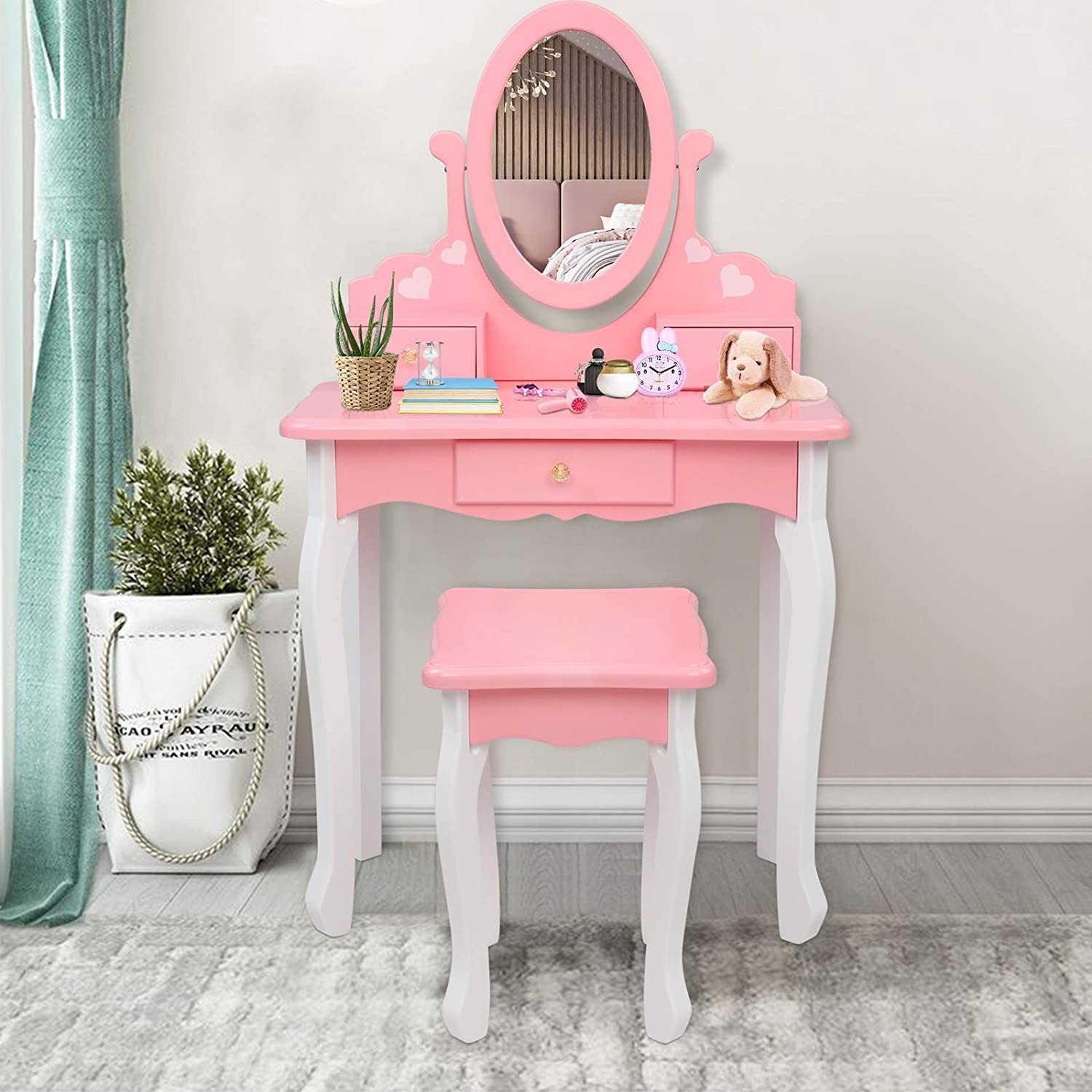 JOYMOR Kids Vanity Set with Makeup Dressing Table and Rotatable Mirror