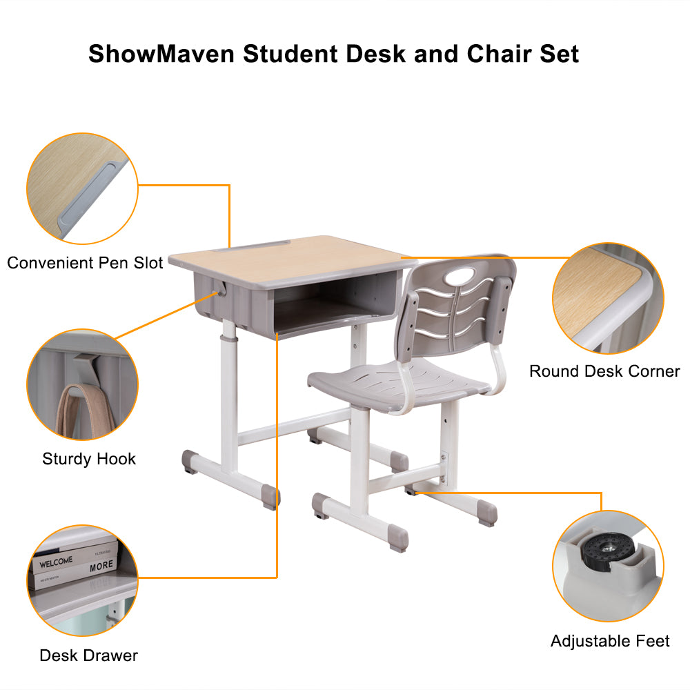 JOYMOR Adjustable Student Desk and Chair Combo With Drawer, Pencil Grooves and Hanging Hooks