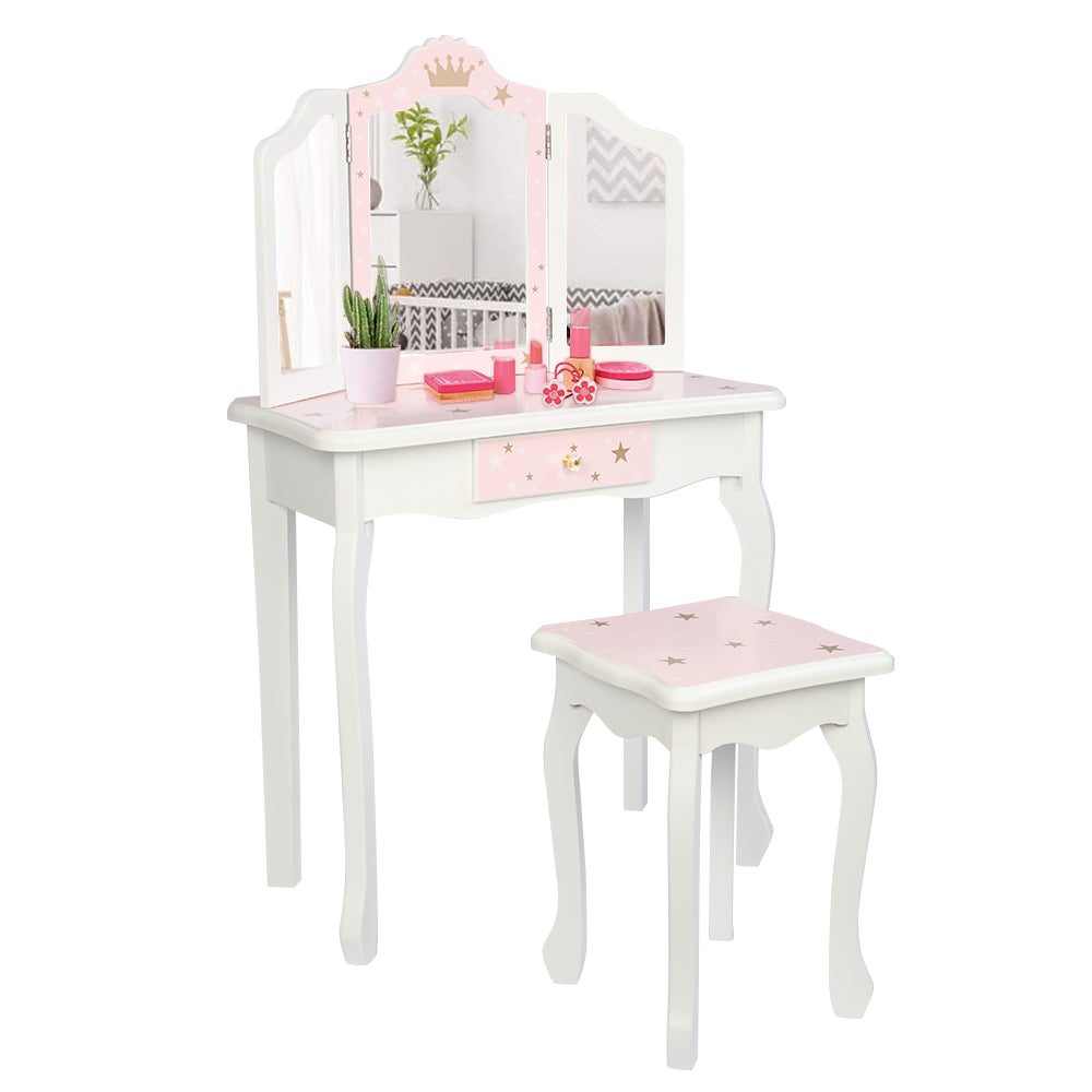 JOYMOR Kids Princess Vanity Table and Chair Set Mirror Makeup Dressing Table with Tri Folding