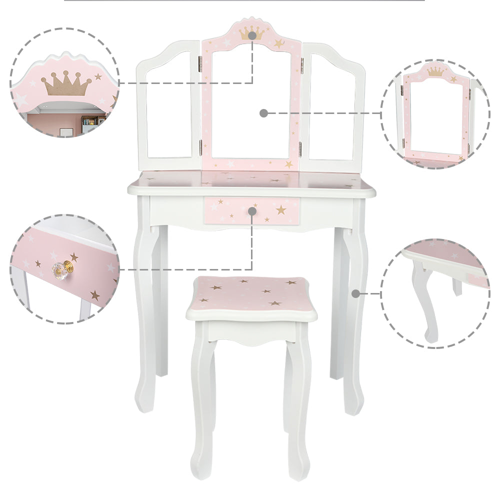 JOYMOR Kids Princess Vanity Table and Chair Set Mirror Makeup Dressing Table with Tri Folding
