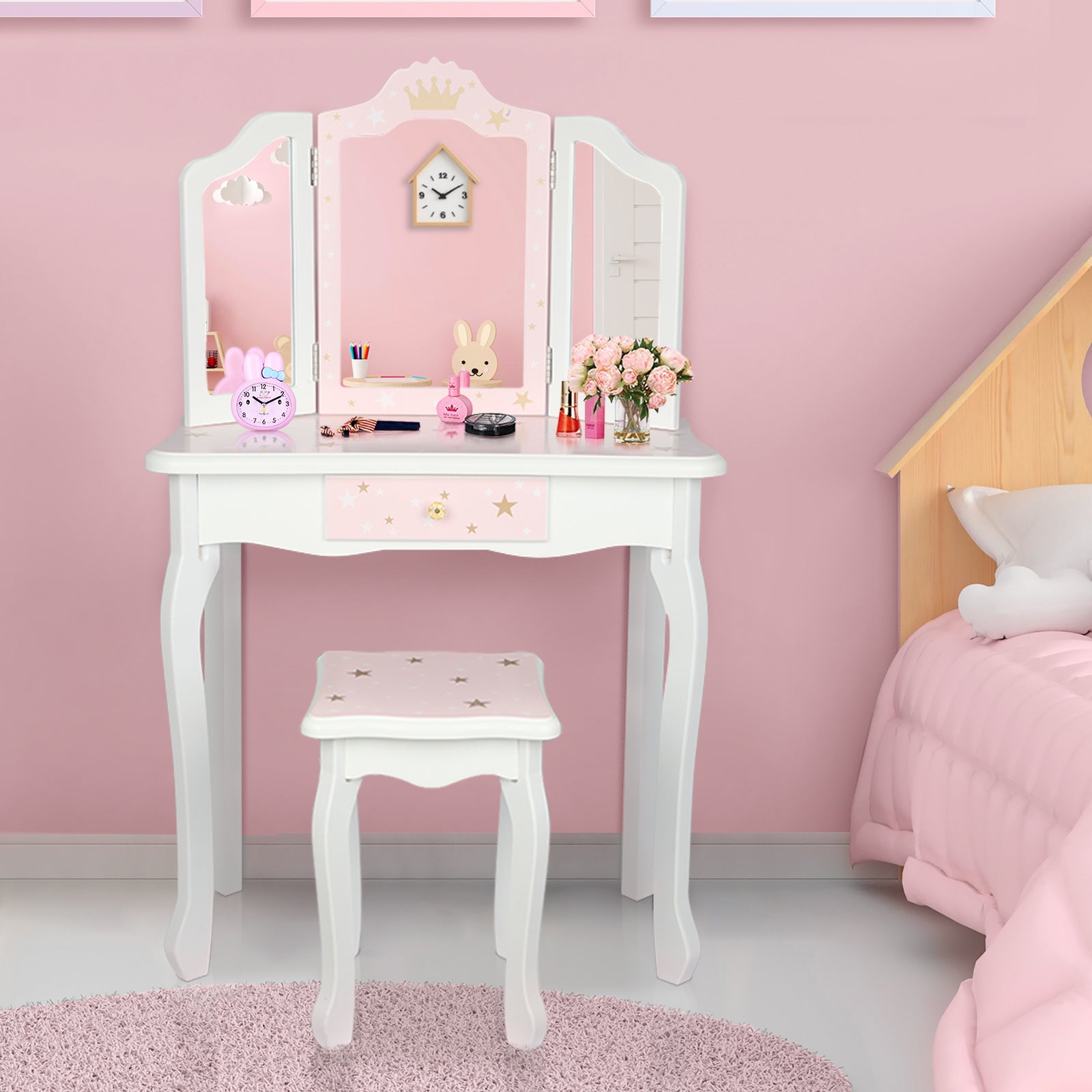 JOYMOR Kids Princess Vanity Table and Chair Set Mirror Makeup Dressing Table with Tri Folding