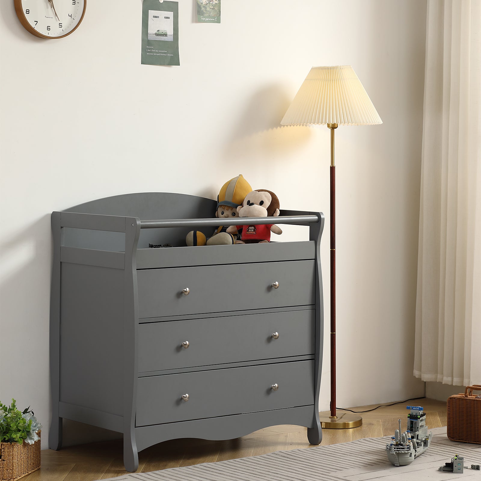 JOYMOR Wooden Diaper Changing Table with 3-Drawer Chest Baby Dresser for Nursery, Infant with Safety Strap,Gray