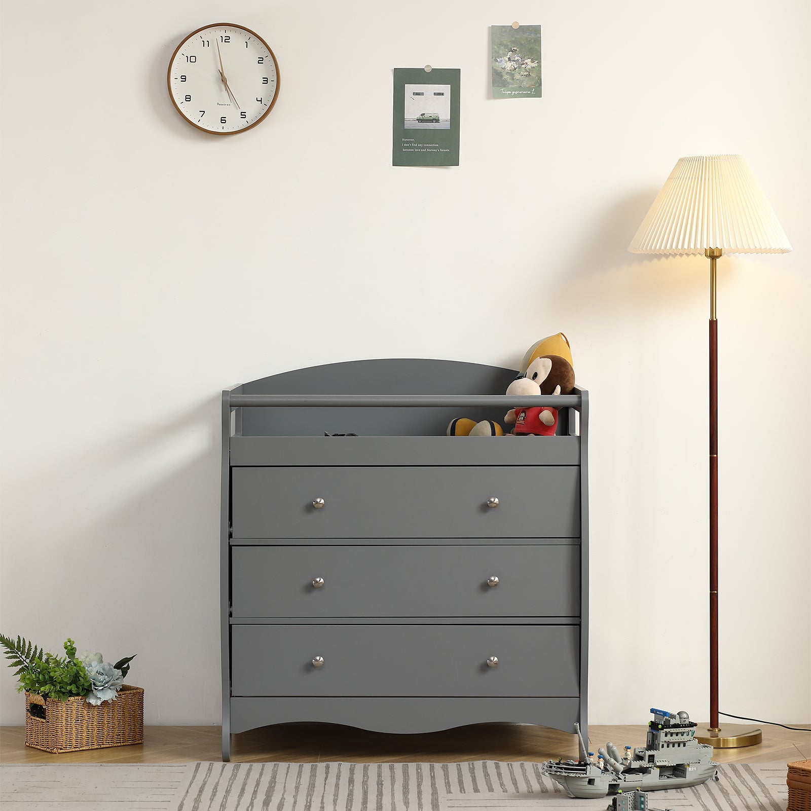 JOYMOR Wooden Diaper Changing Table with 3-Drawer Chest Baby Dresser for Nursery, Infant with Safety Strap,Gray